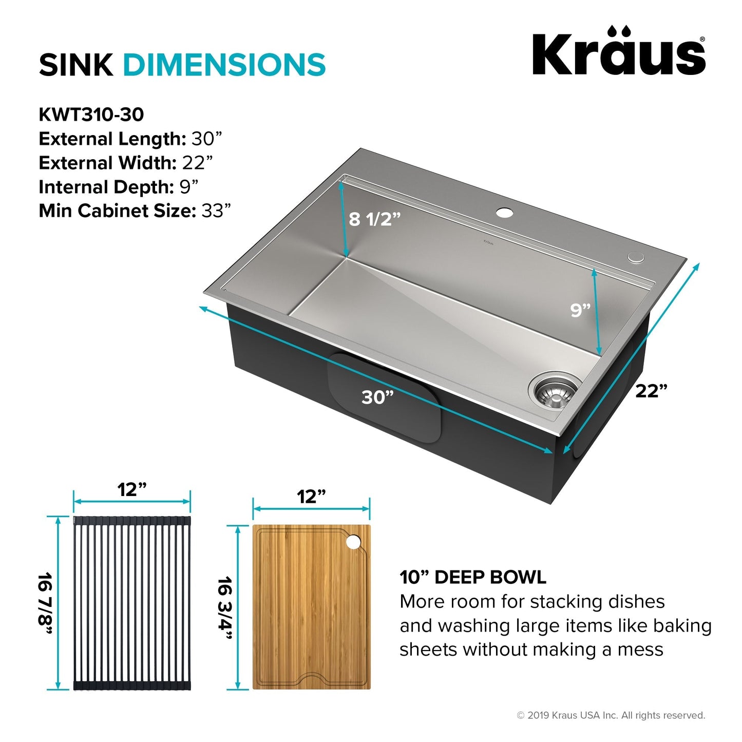 KRAUS Kore 30" Drop-In Workstation 16 Gauge Stainless Steel Single Bowl Kitchen Sink with Accessories - KWT310-30