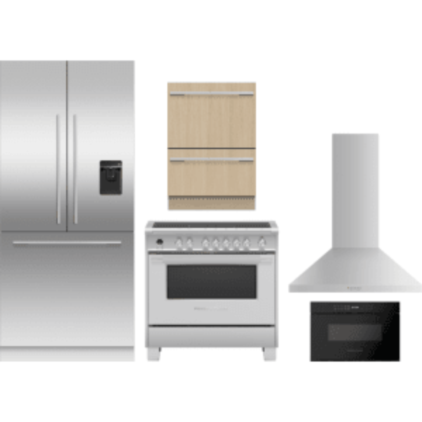 Fisher & Paykel 5-Piece Package 36 Panel-Ready Built-In French-Door Refrigerator and OR36SCI6X1 36 Induction Range and DD24DTX6I1 24 Integrated Panel-Ready DishDrawer™ Dishwasher wi and OMD24SDB1 24 Microwave Drawer and HC36PCX1 36 Hood - RS36A80U1N