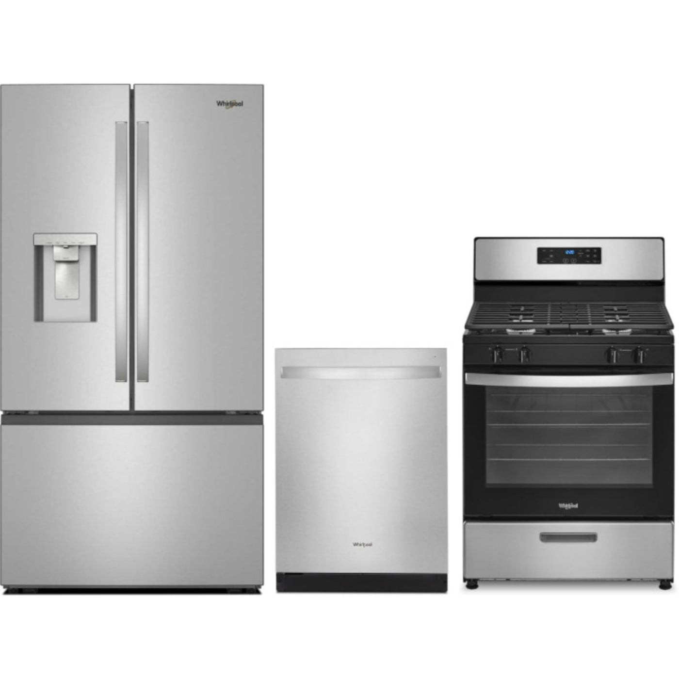 Whirlpool 3-Piece Package 36 Inch Freestanding French Door Refrigerator and 30 Inch Freestanding Gas Range and 24 Inch Fully Integrated Dishwasher - WRFF3536SZ 