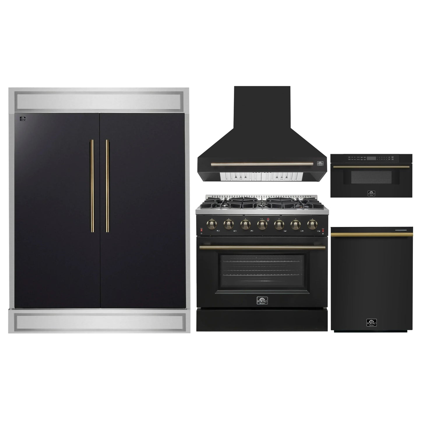 Forno 5-Piece Appliance Package - 36-Inch Gas Range, Wall Mount Range Hood, 60-Inch Refrigerator, Dishwasher, and 30-Inch Microwave Drawer in Black with Antique Brass Handle - AP5-6244-36BLK-5095-60MG-MD30