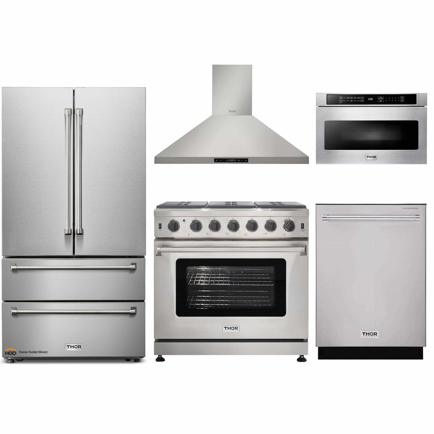 Thor Kitchen 5-Piece Appliance Package - 36-Inch Propane Gas Range, French Door Refrigerator, Wall Mount Hood, Dishwasher, and Microwave Drawer in Stainless Steel - APR5-LRG36B-LP