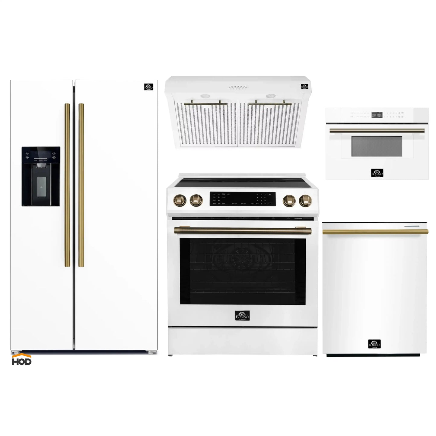 Forno 5-Piece Appliance Package - 30-Inch Induction Range, Under Cabinet Range Hood, Refrigerator with Water Dispenser, Dishwasher, and 30-Inch Microwave Drawer in White with Antique Brass Trim - APW5-905-30WHT-MWD30