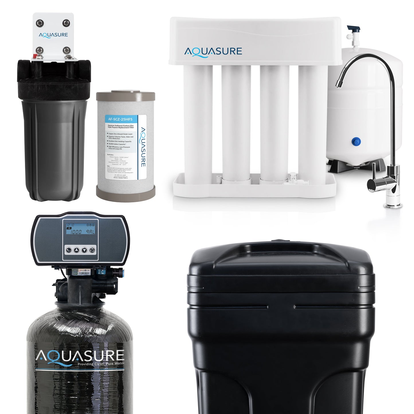 Aquasure Elite | Whole House Water Filter Bundle with 48,000 Grains Softener w/ Fine Mesh Resin, 75 GPD Reverse Osmosis System & Triple Purpose Pre-Filter - AS-WHF48FM