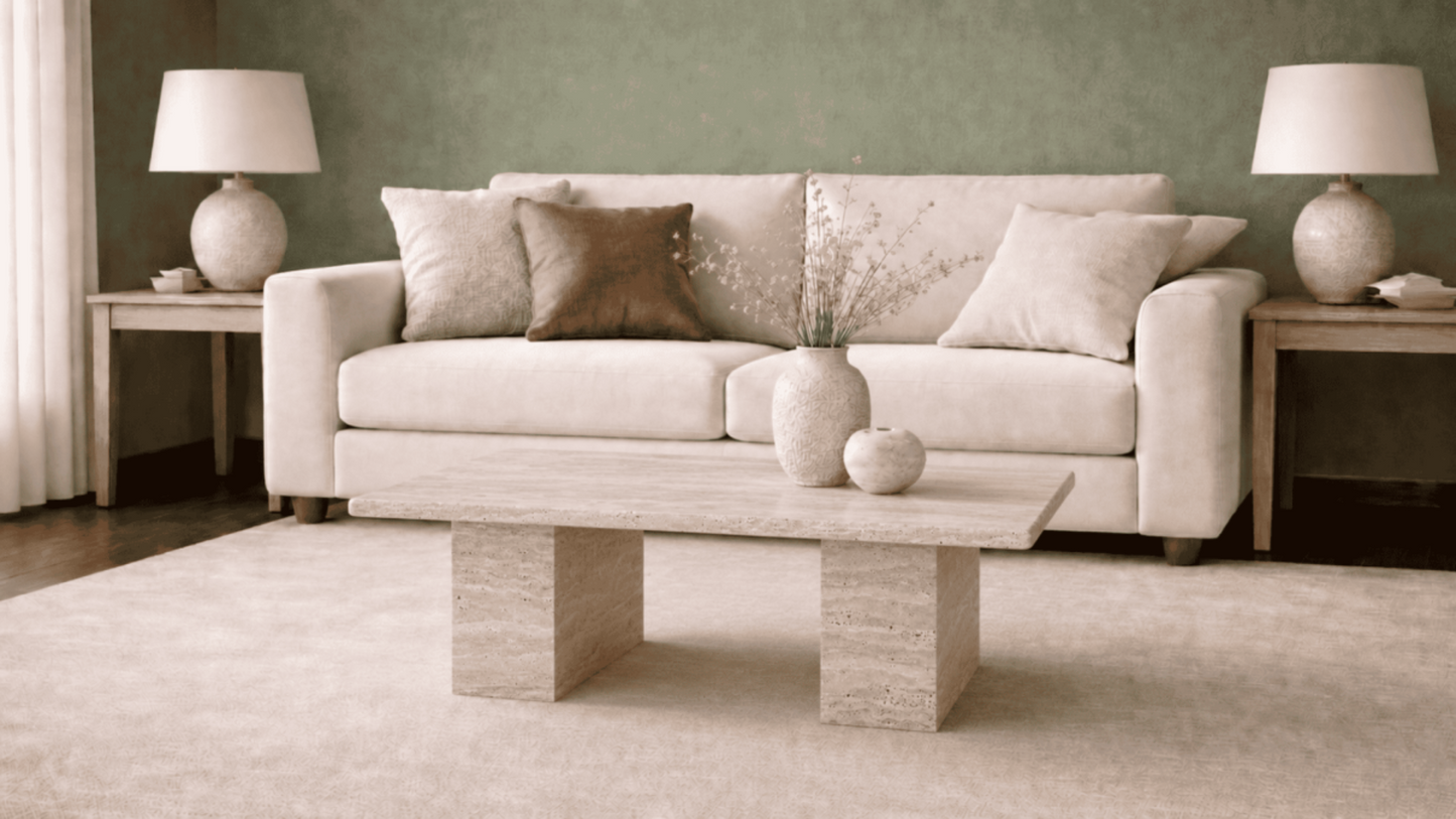 Lovecup Venus Travertine Coffee Table with Dual Cube Pedestal Base - VENUSORTASEHPA