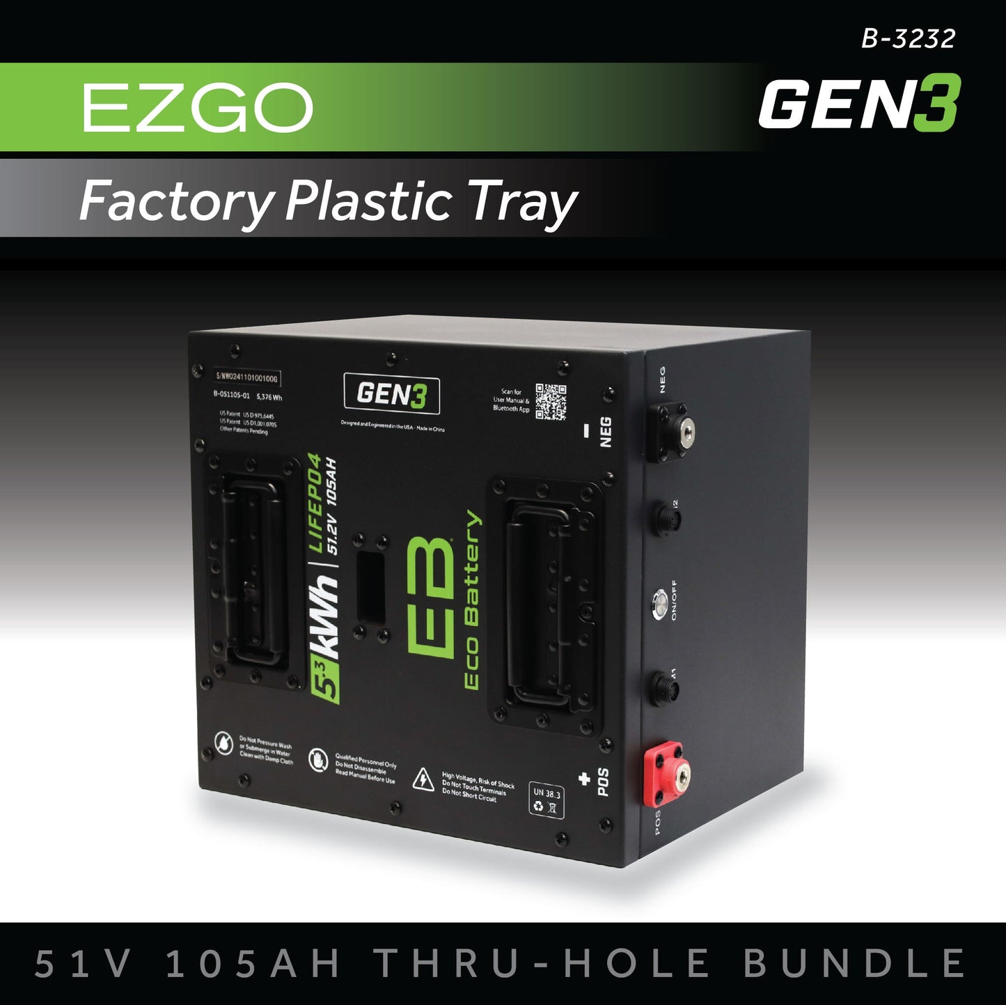 Eco Battery 51V 105AH Thru-Hole Battery Bundle / EZGO RXV (Factory Plastic Tray) - B-3232