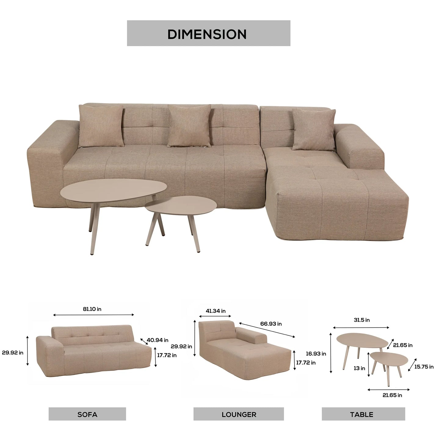 Deko Living 3 Piece Brown Compressed Foam Sectional Sofa Lounger and Table Set - CIF50118