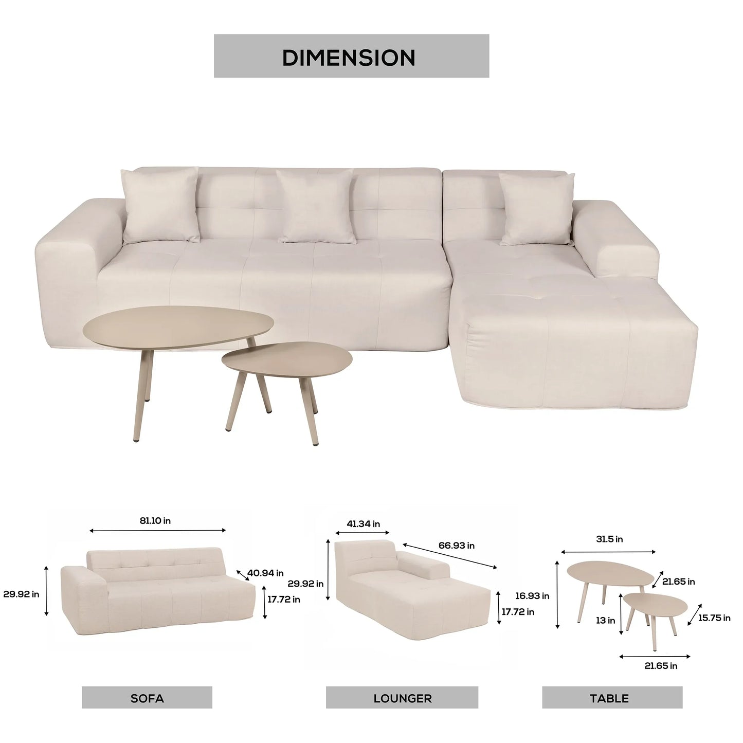 Deko Living 3 Piece Beige Compressed Foam Sectional Sofa Lounger and Table Set - CIF50218