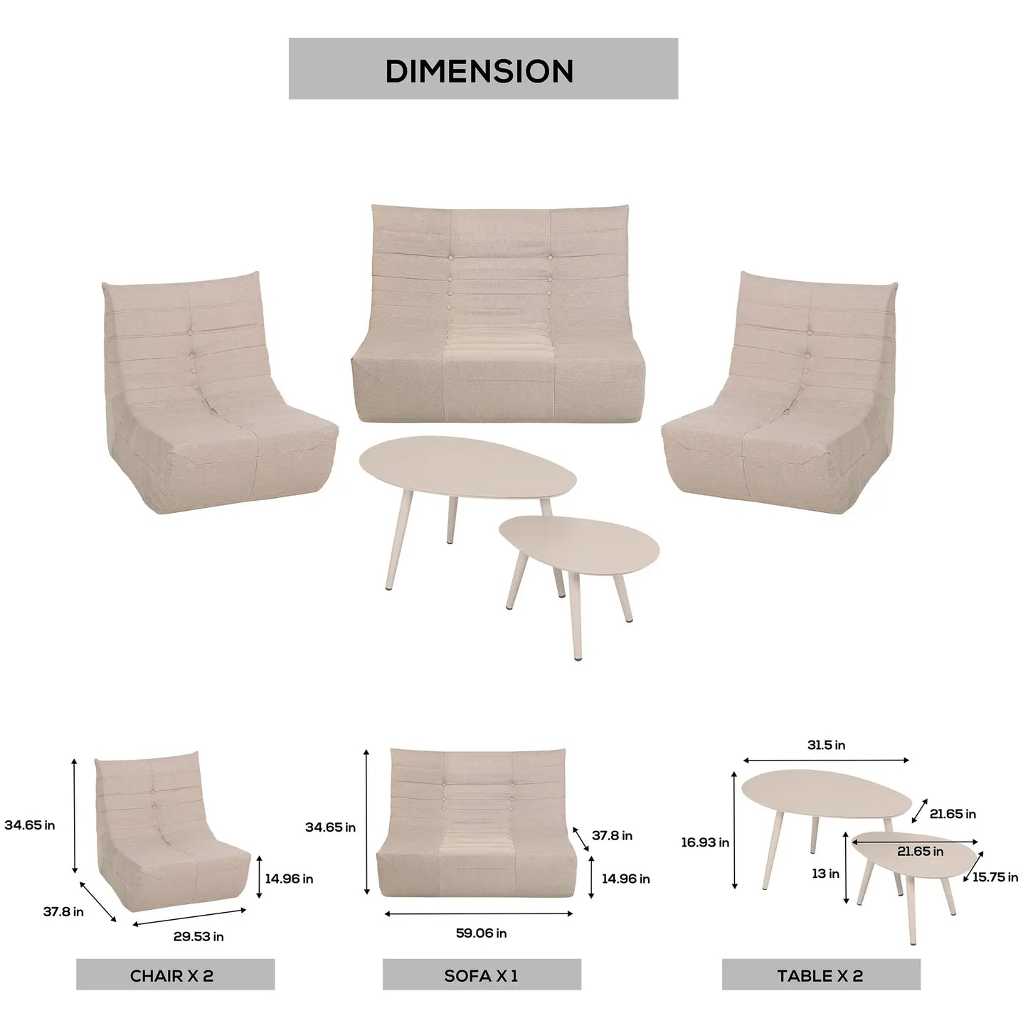Deko Living 5 Piece Beige Compressed Foam Loveseat Sofa Chairs and Table Set - CIF50219