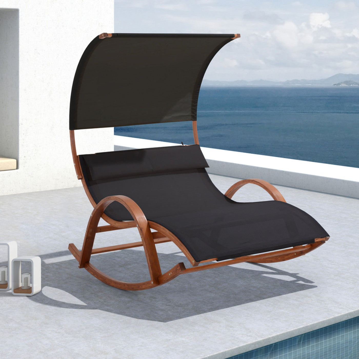Deko Living Outdoor Cedar Wood Patio Lounge Daybed with Black Textilene Fabric & Canopy - COP20205BLK