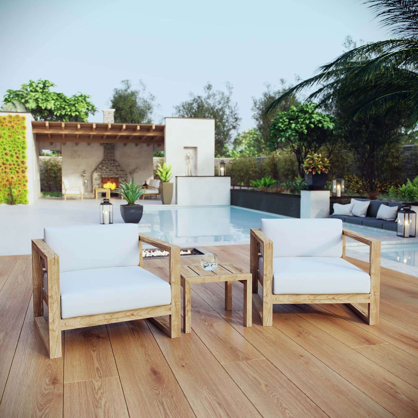 Modway Furniture Upland 3 Piece Outdoor Patio Teak Set - EEI-3119-NAT-WHI-SET