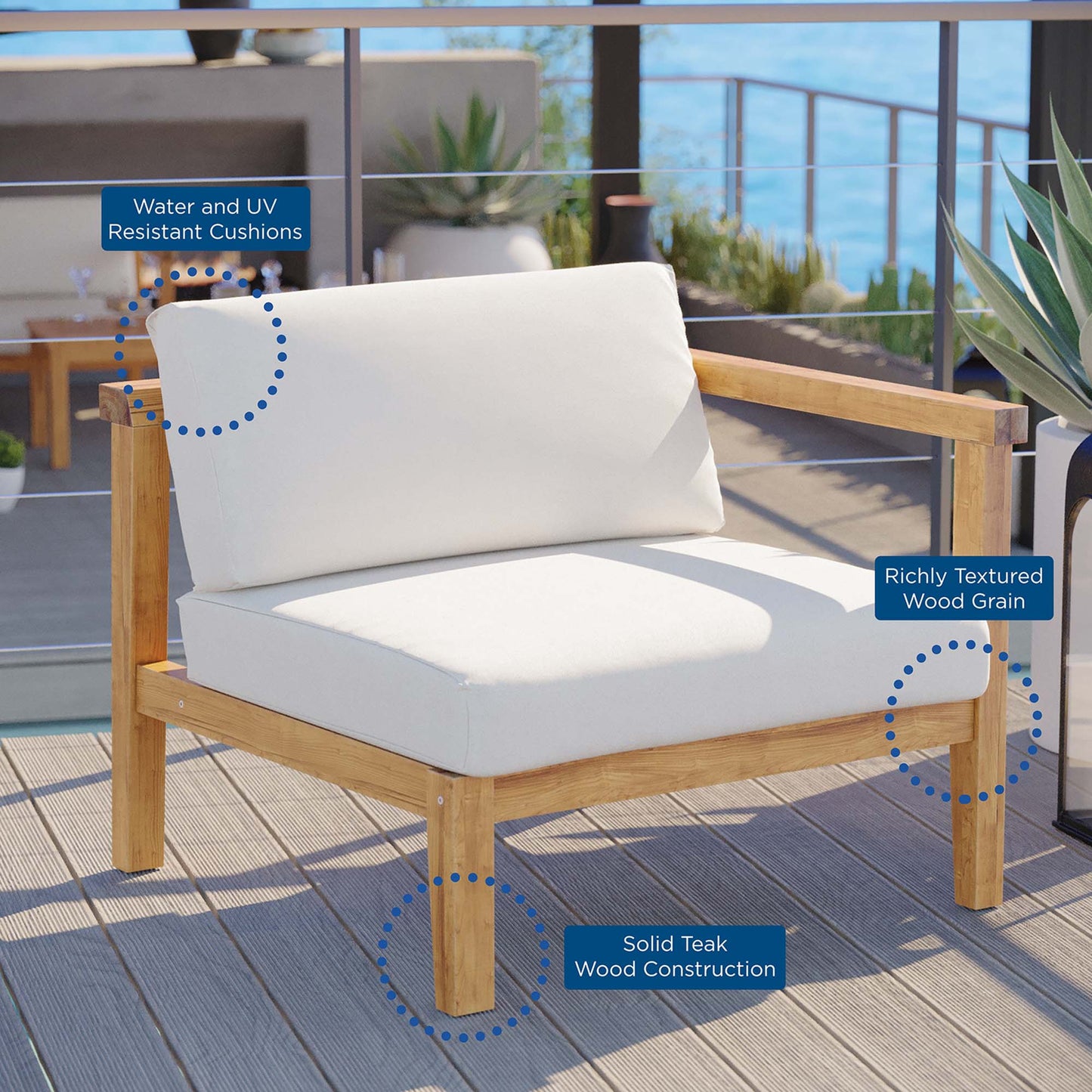 Modway Furniture Bayport Outdoor Patio Teak Wood Right-Arm Chair - EEI-4129-NAT-WHI