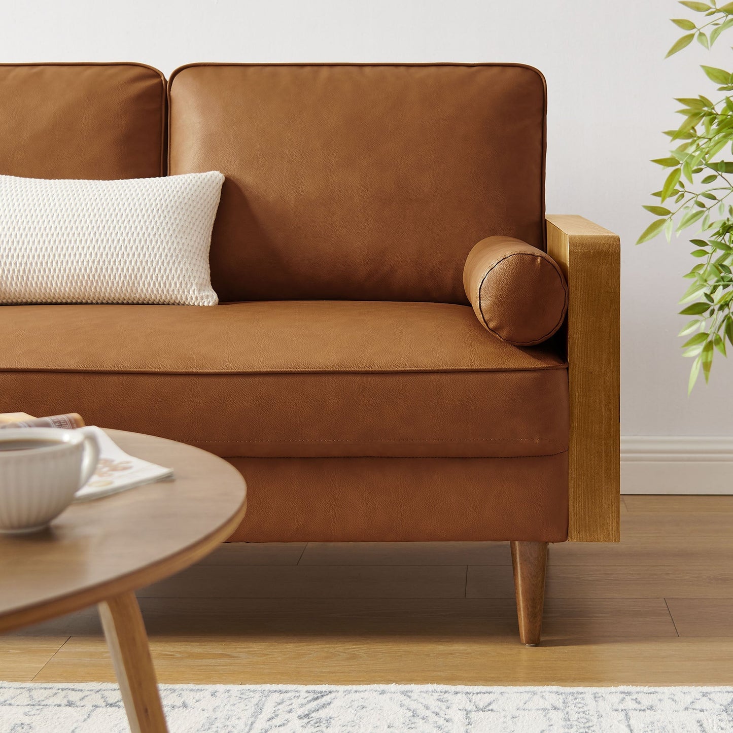 Modway Furniture Vegan Leather Loveseat - Chic Mid-Century Modern Design for Stylish Small Spaces & Comfort - EEI-6943-WAL-TAN