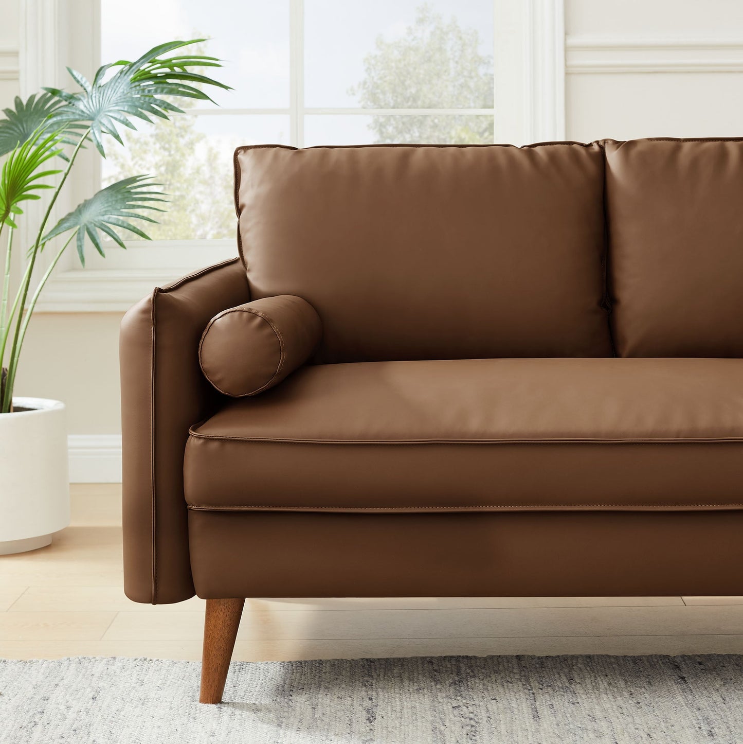 Modway Furniture Revive Modern Vegan Leather Loveseat with Plush Pillows for Chic Living Room Comfort and Style - EEI-6974-BRN