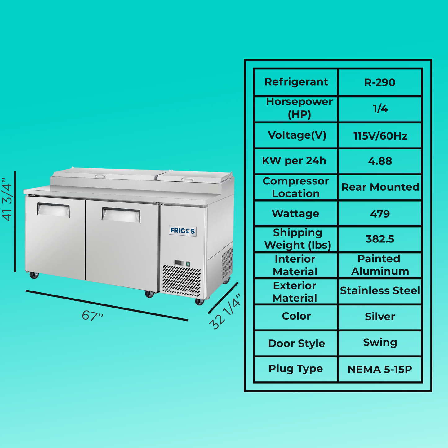 Frigos Pizza Prep Table Refrigerator 67" Width 2 Door with Aluminum Interior with 304 Stainless Steel Floor - FG-PZPT-67