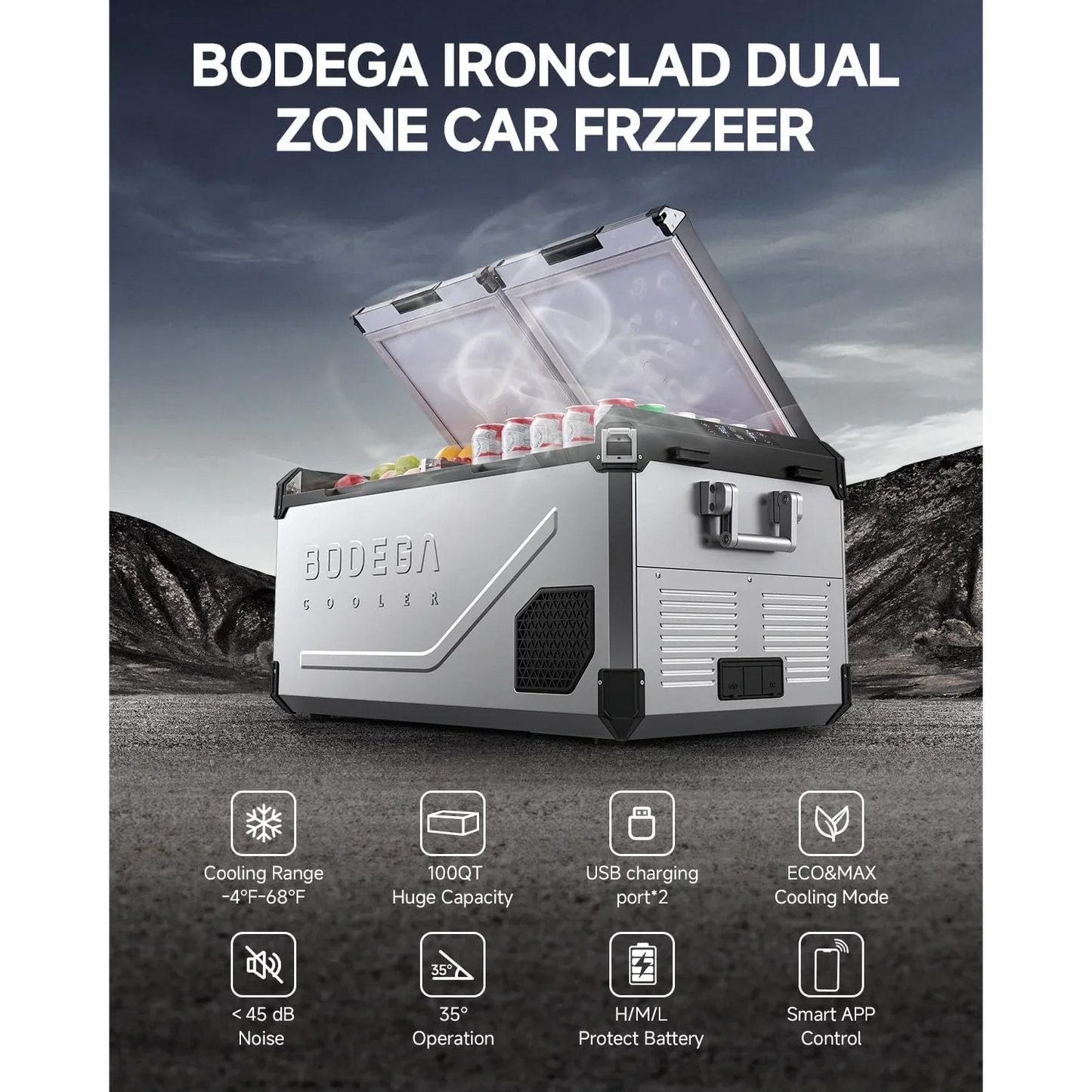 BODEGACOOLER 12 Volt Refrigerator 100QT/95L Hard Insulated Dual Zone