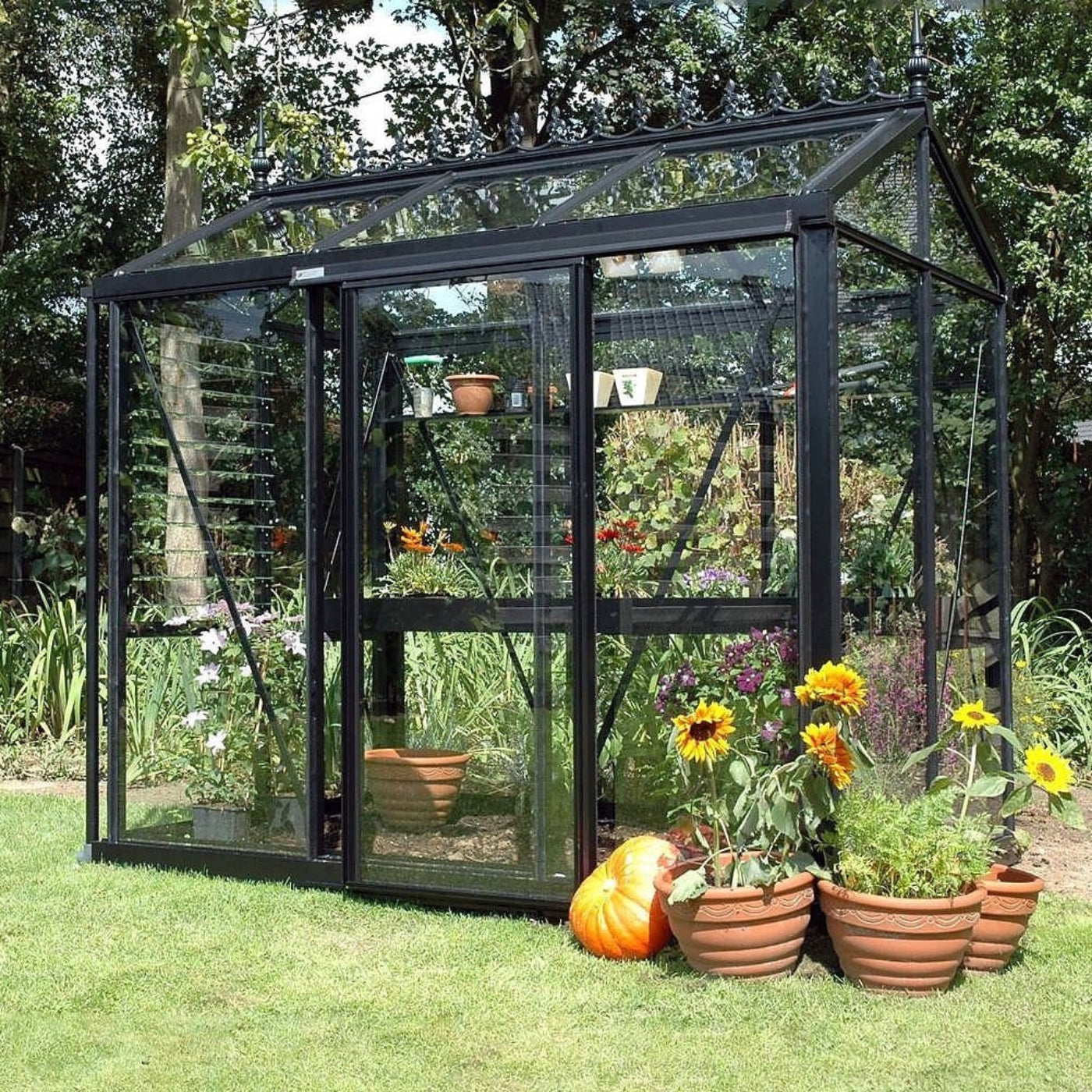 Janssens 5x8 ft Helios Urban Victorian Glass Greenhouse Kit With 4mm Tempered Glass Glazing - CUSTOM-HELIOS-URBAN-BLACK