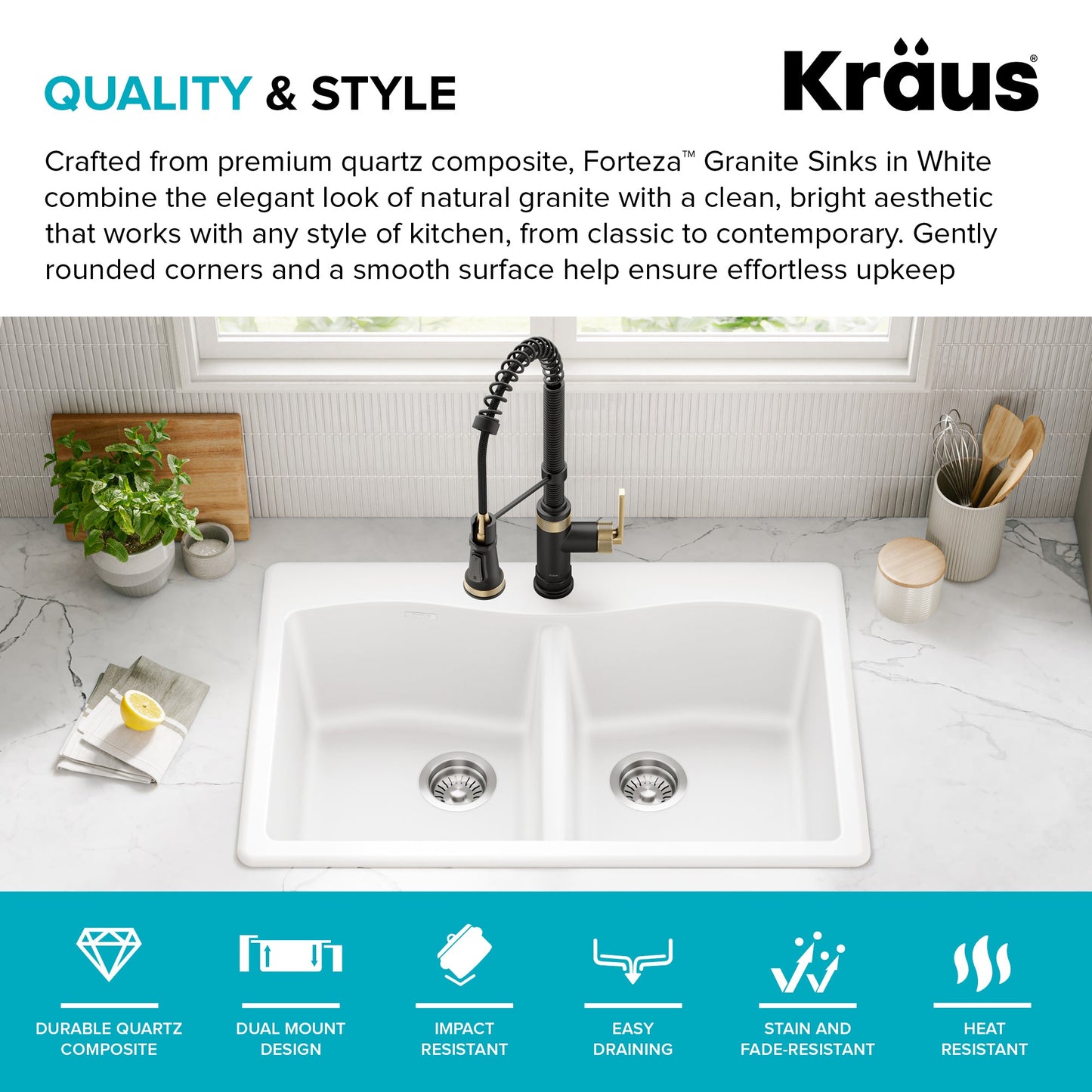 KRAUS Forteza 33” Granite Drop-In or Undermount 50/50 Double Bowl White Kitchen Sink - KGD-52WHITE