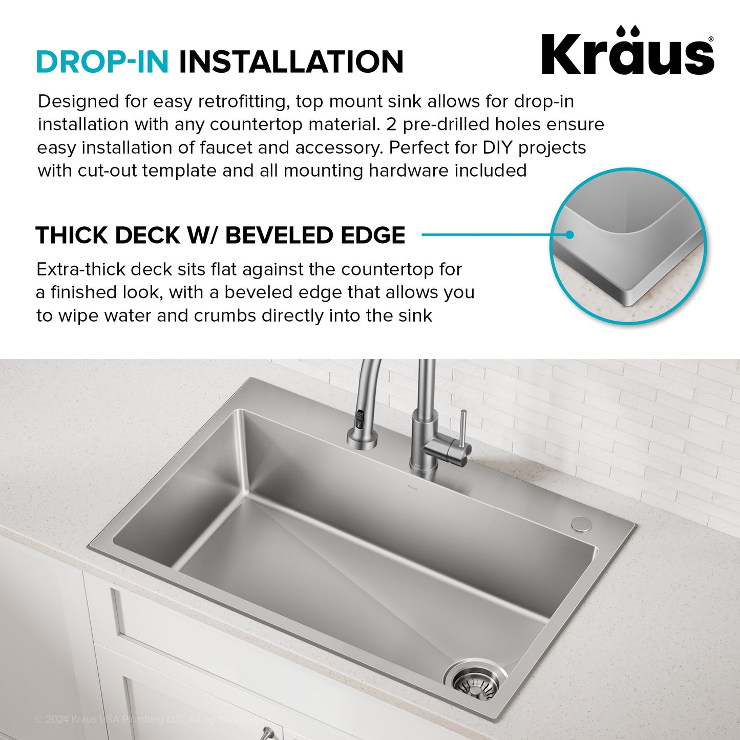 KRAUS 33” Topmount Single Bowl Stainless Steel Kitchen Sink - KHT640-33