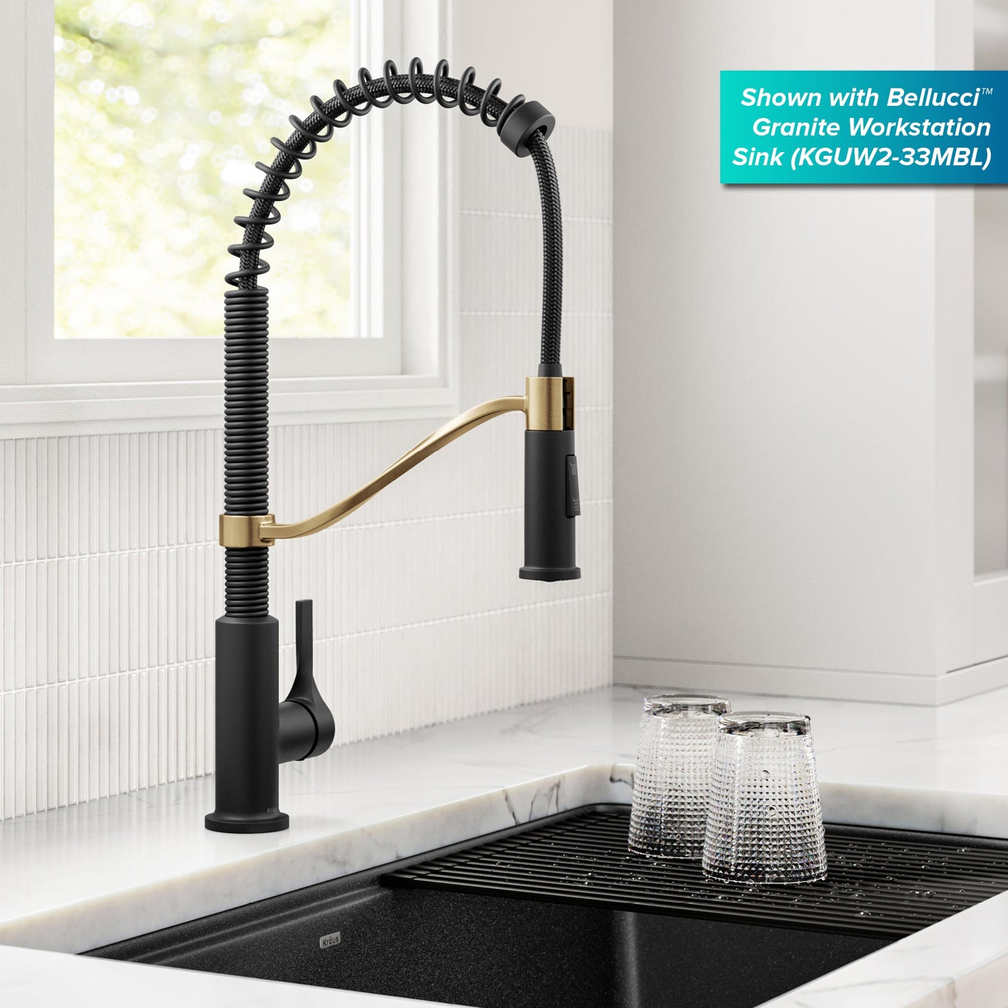 KRAUS Torak Single Handle Pull Down Kitchen Faucet in Matte Black with Brushed Brass - KPF-2635SFBBMB