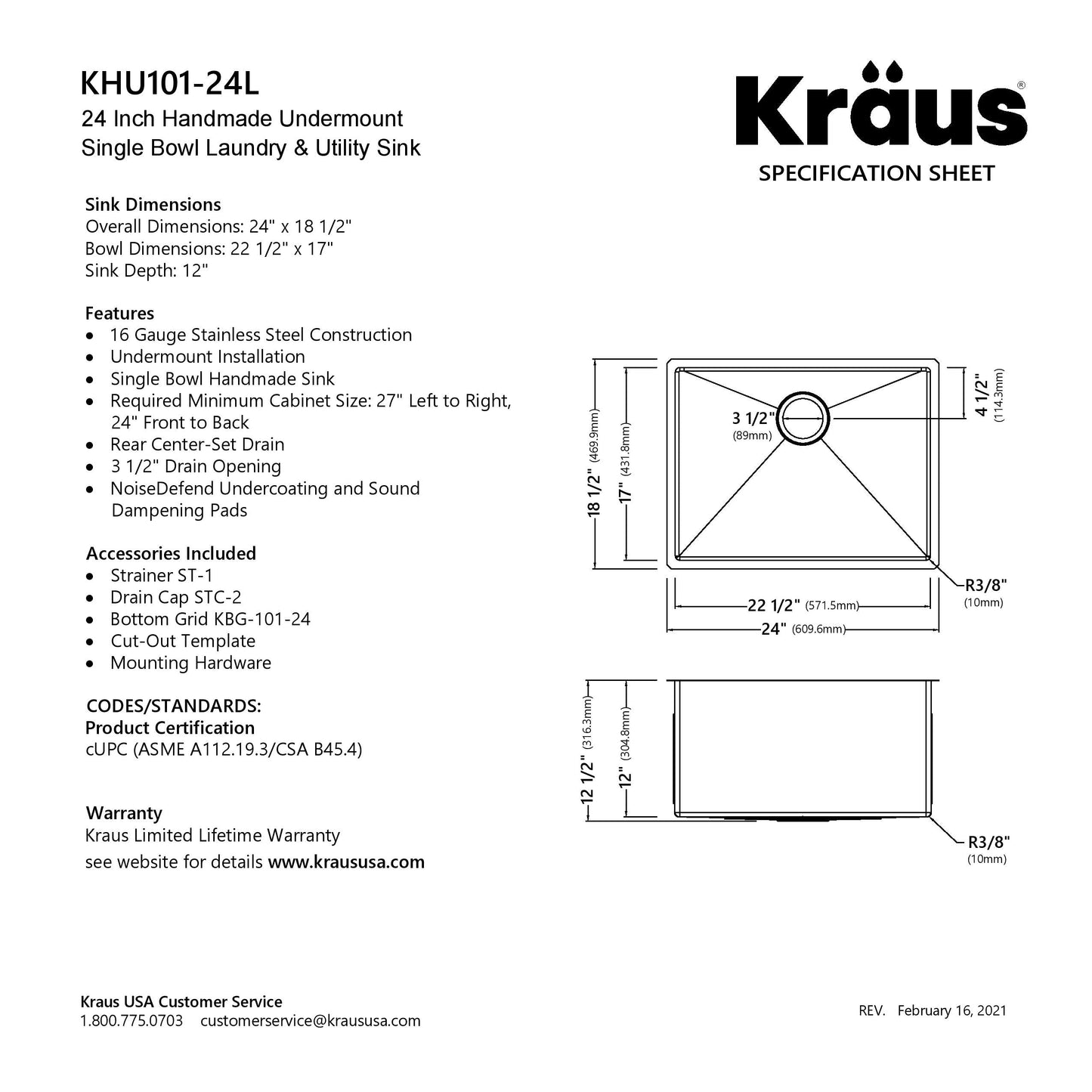 KRAUS 24" Undermount 16 Gauge Stainless Steel Laundry Utility Sink - KHU101-24L