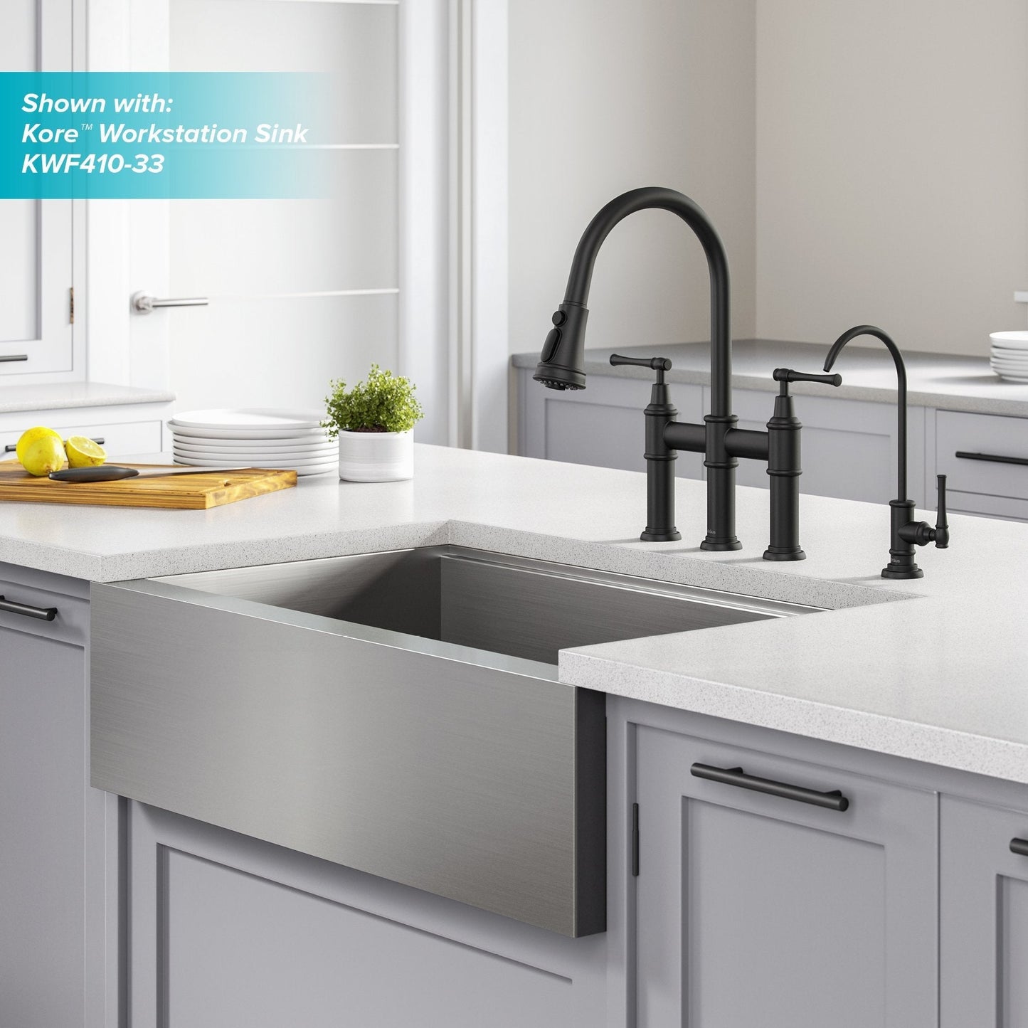 KRAUS Allyn Transitional Bridge Kitchen Faucet & Water Filter Faucet in Matte Black
