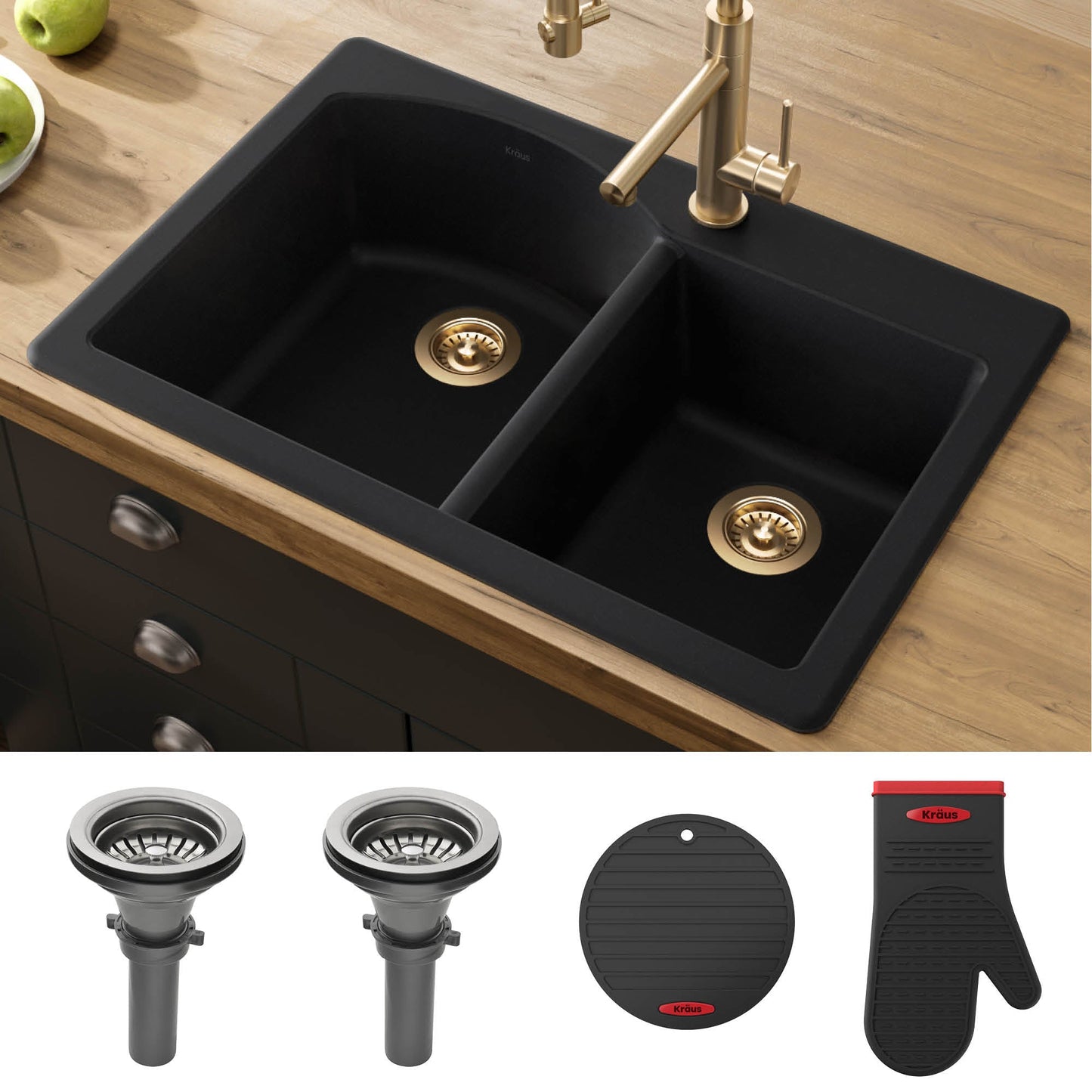 KRAUS Forteza 33" Dual Mount 60/40 Double Bowl Granite Kitchen Sink in Black - KGD-50BLACK