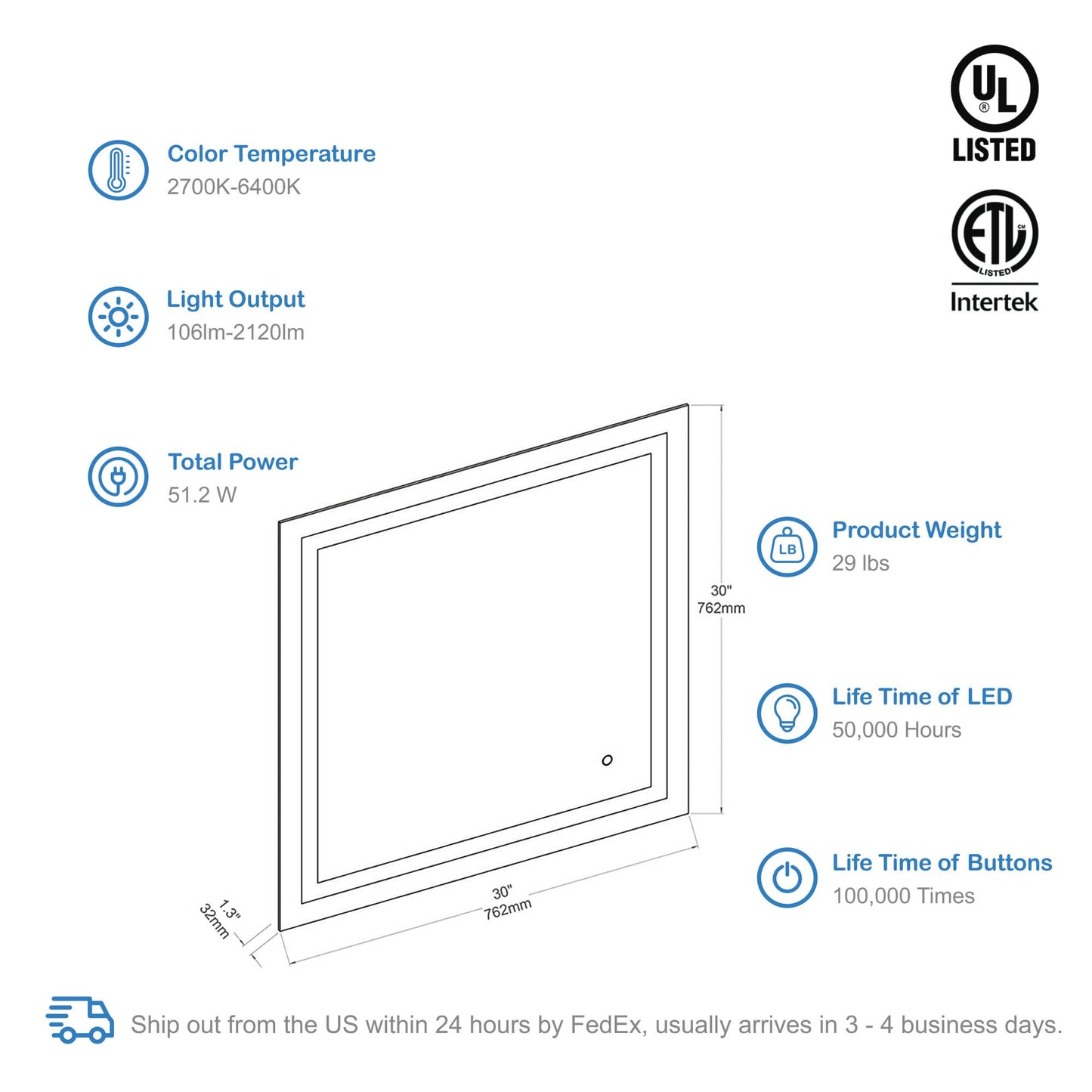 Blossom Lyra 30 x 30 Inch LED Mirror - LED M8 3030
