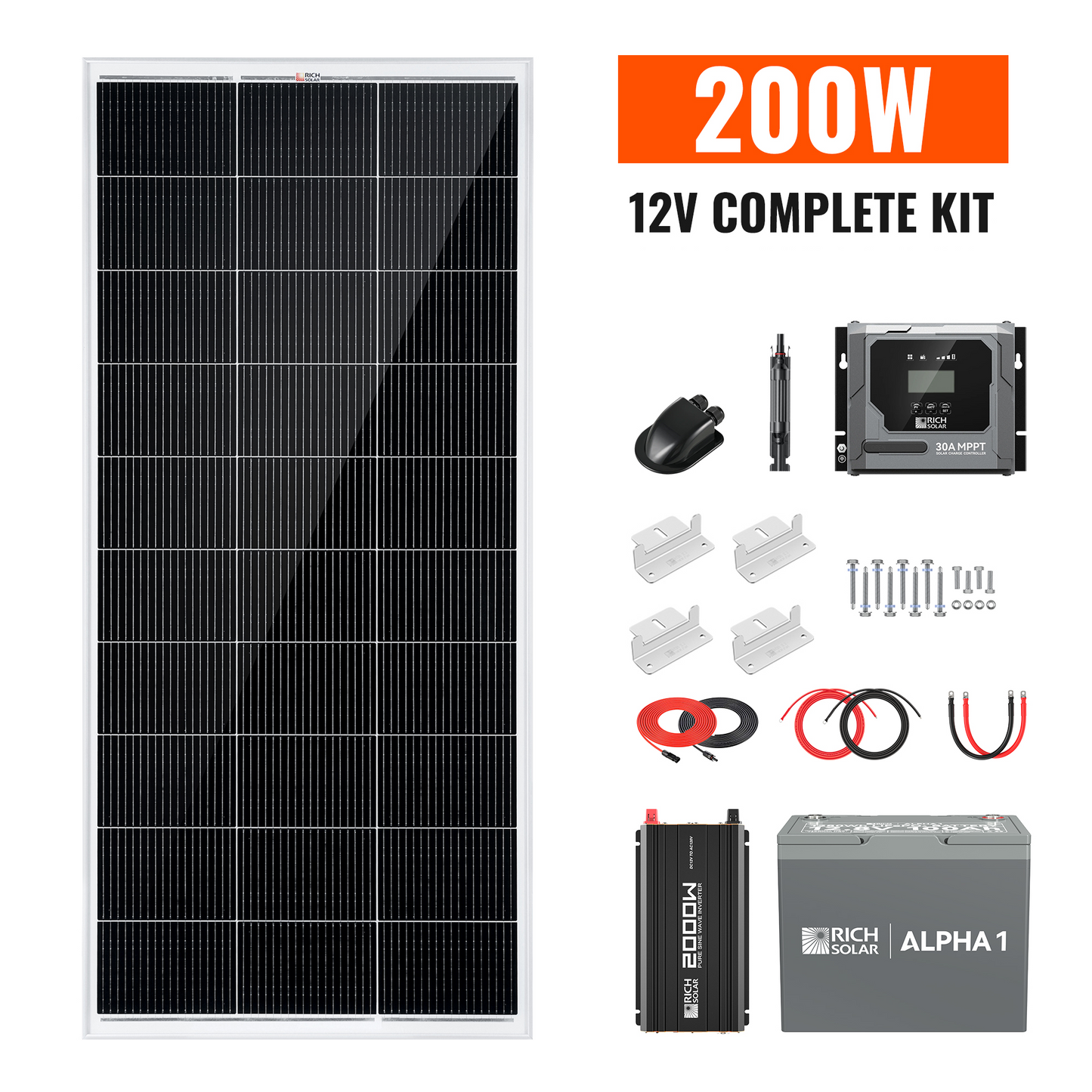 Rich Solar Complete 200W Solar Kit with Battery & Inverter | Off-Grid Solar Power System for RVs, Vans, Cabins & Backup Power | Complete Energy Solution - RS-CK200