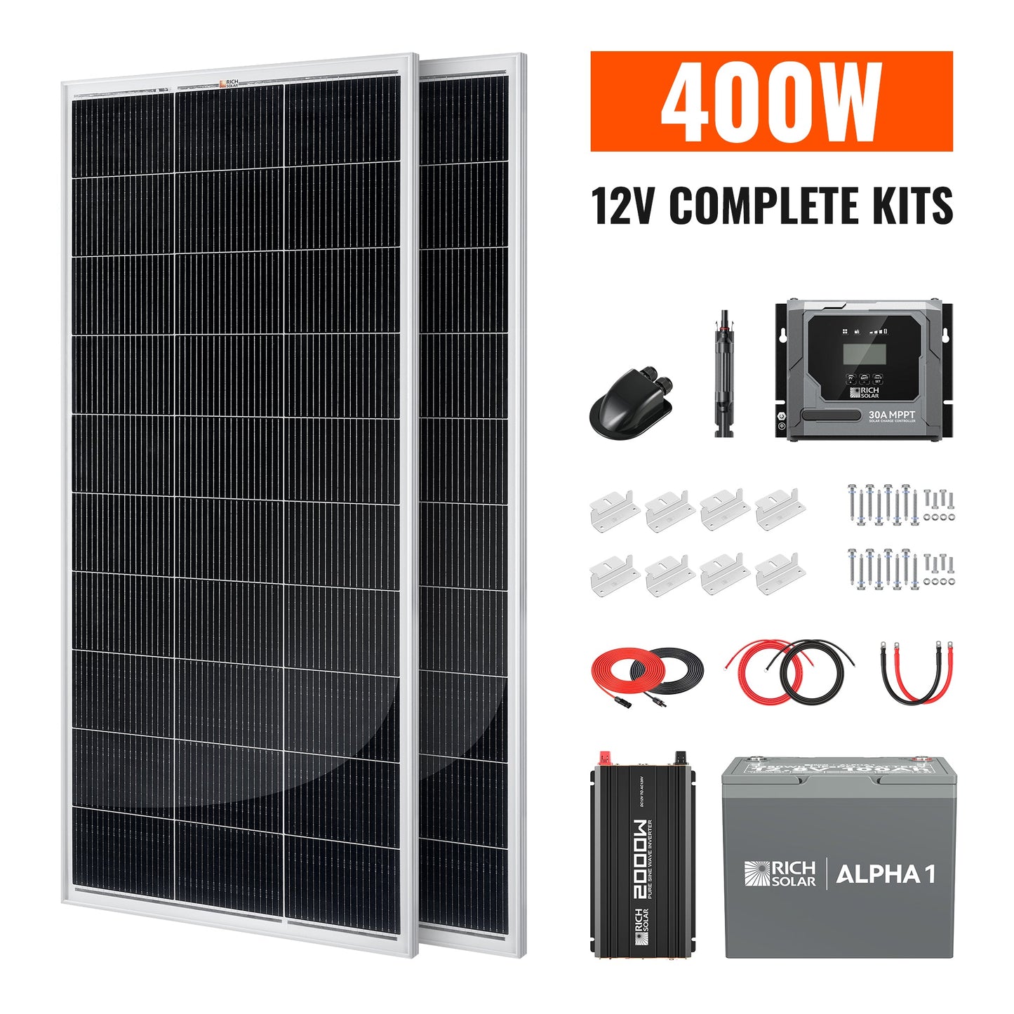 Rich Solar Complete 400W Solar Kit with Battery & Inverter | Off-Grid Solar Power System for RVs, Vans, Cabins & Backup Power | Complete Energy Solution - RS-CK400