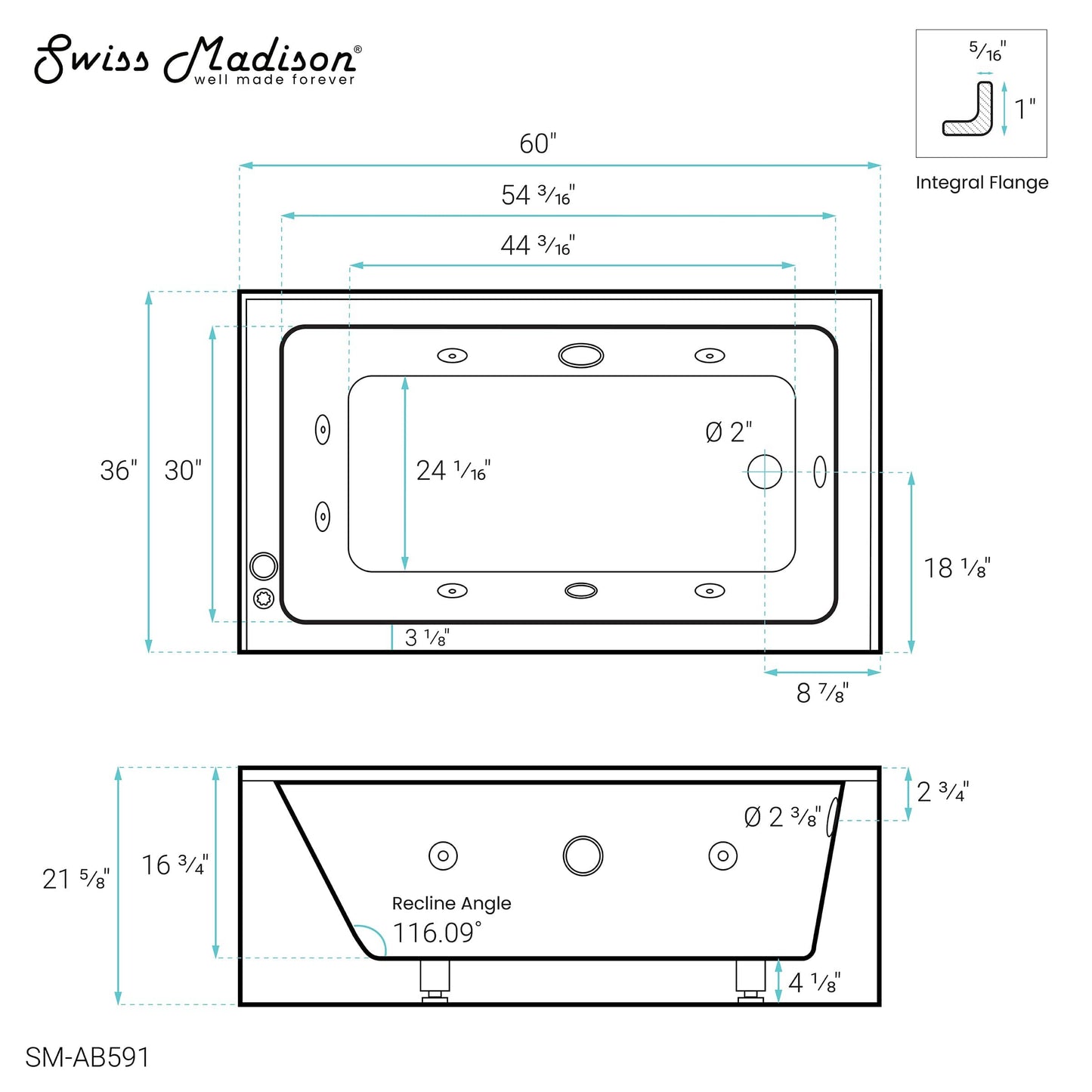Swiss Madison Avancer 60" x 36" Right-Hand Drain Rectangular Alcove Whirlpool Bathtub with Apron - SM-AB591 - Backyard Provider