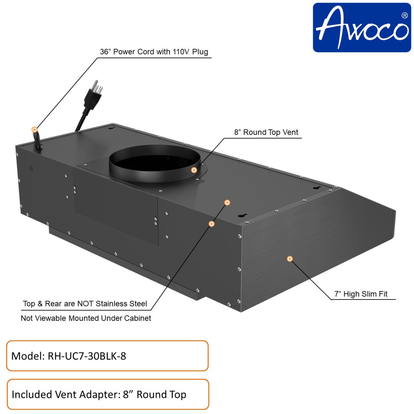 AWOCO RH-UC7-30 Under Cabinet Range Hood Black Stainless Steel Gesture - RH-UC7-30BLK-6