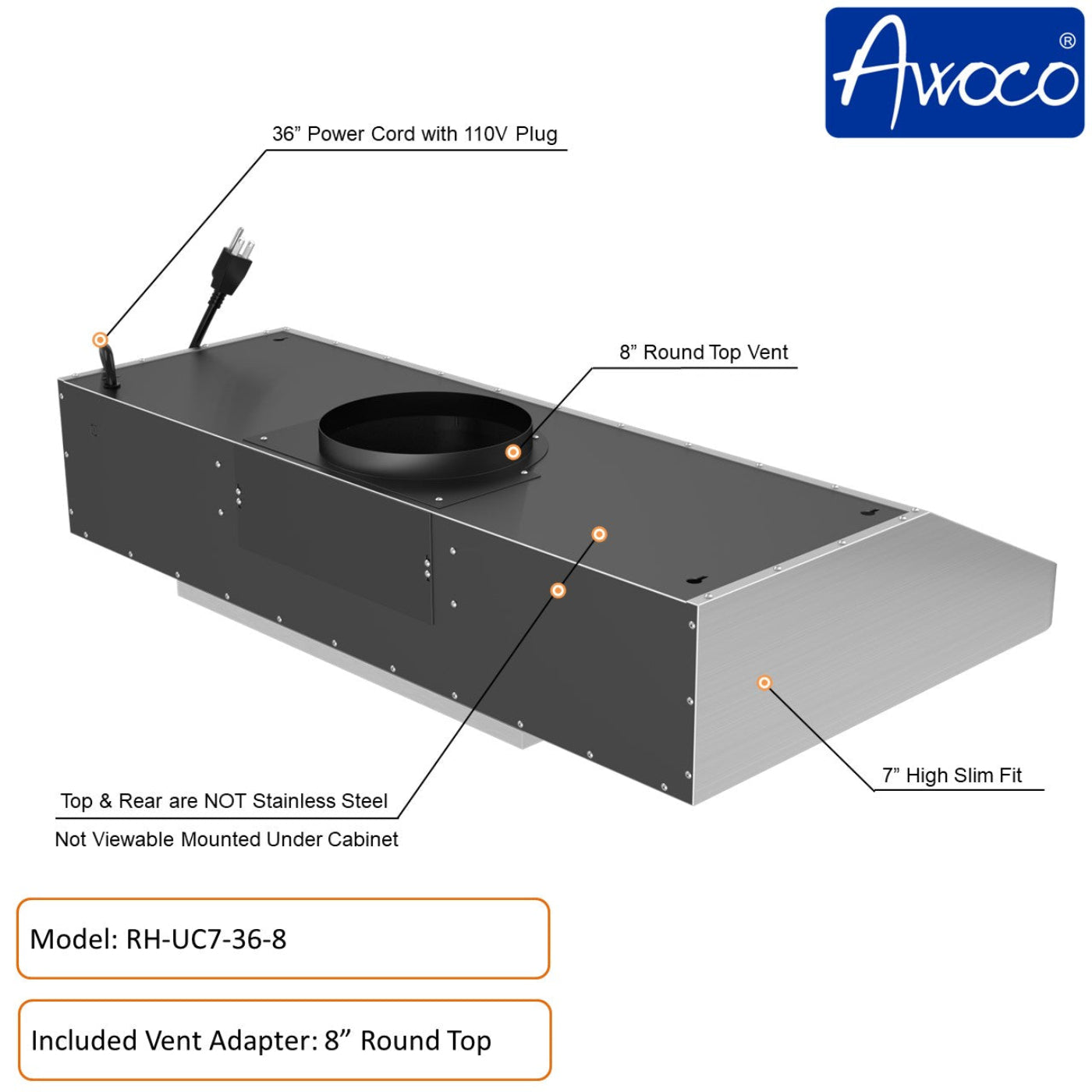 AWOCO RH-UC7-36 Under Cabinet Range Hood Stainless Steel Gesture Control - RH-UC7-36-6