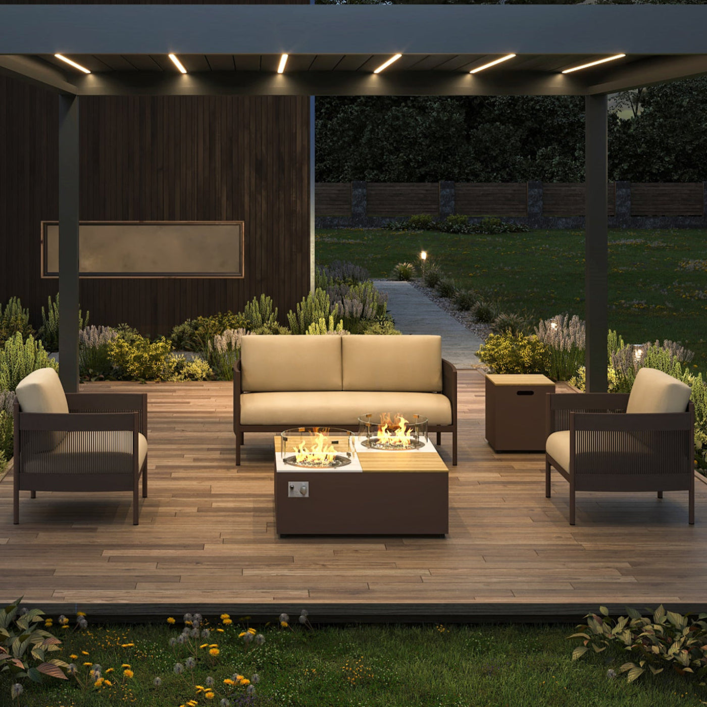 Bon Pergola Woodbury Collection Fire Pit + Furniture - 110242+110243+E03756x2