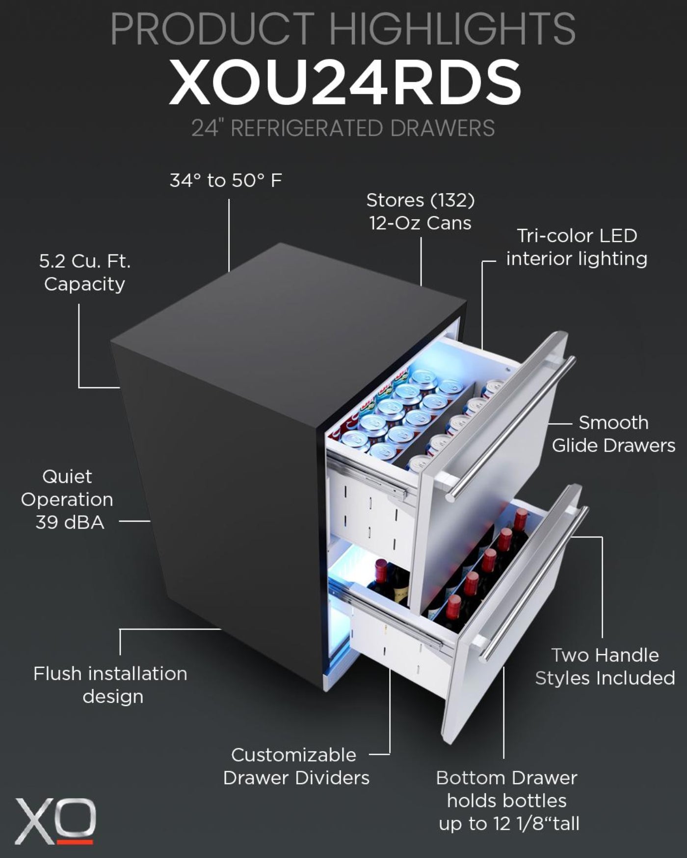 XO APPLIANCE XOU24RDS Refrigerated Drawers 24" Solid in Stainless Steel Drawer in Stainless Steel - XOU24RDS