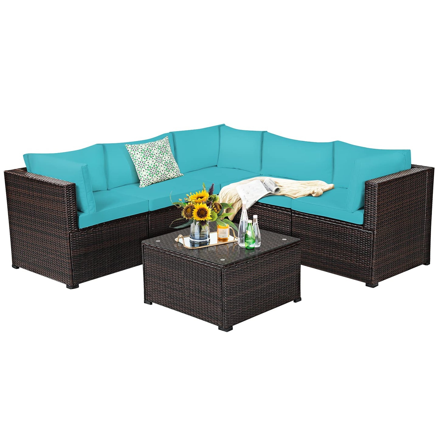 Tangkula 6 Pieces Patio Furniture Set, Outdoor Rattan Sofa Set, Wicker Conversation Set - HW68449WH+