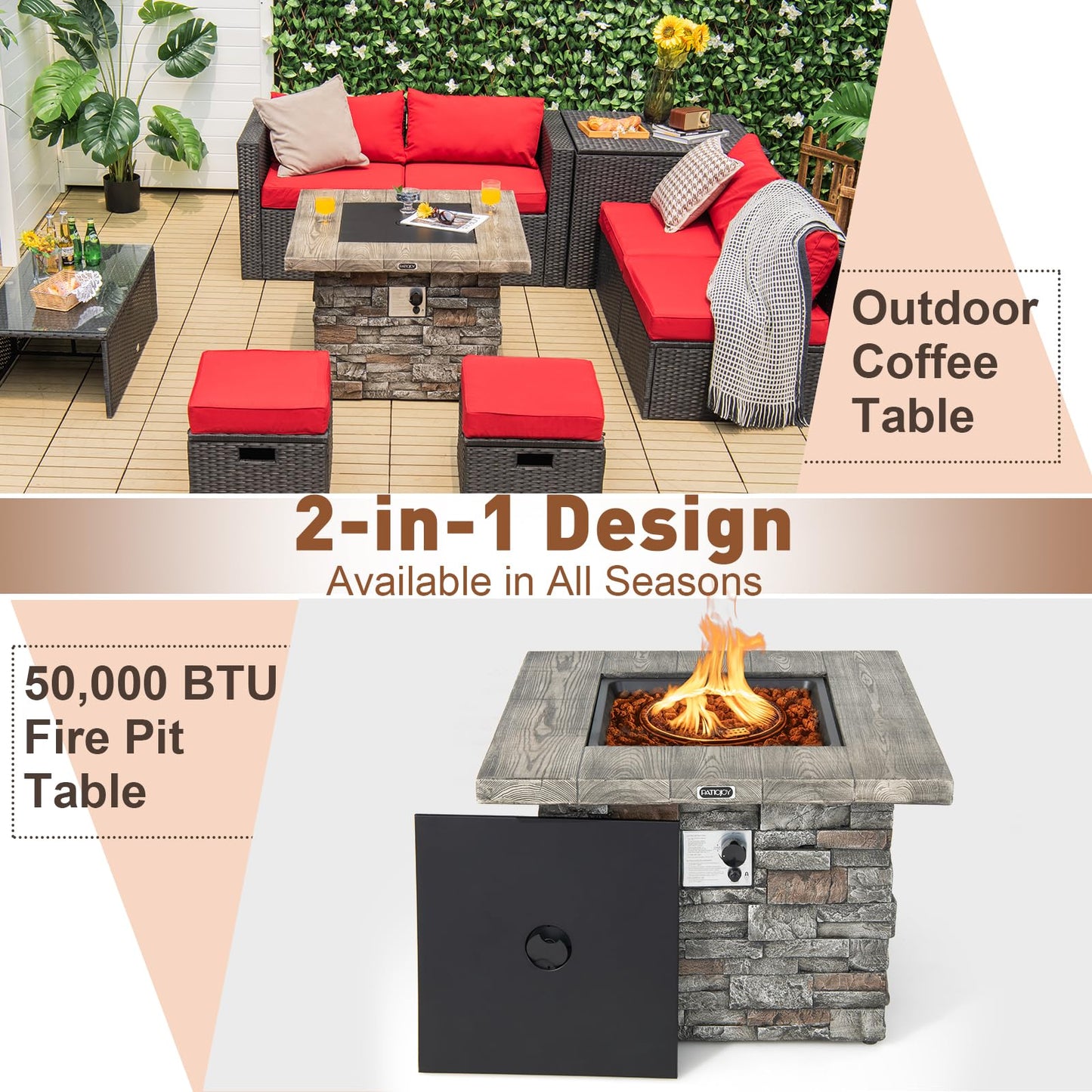 Tangkula 34.5 Inch Faux Stone Propane Fire Pit Table - NP10630WL-GR