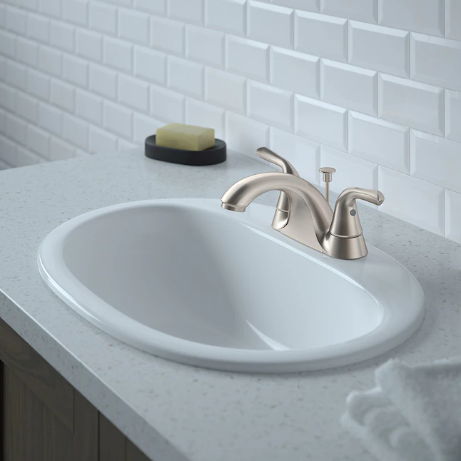 Project Source Dover Brushed Nickel 2-handle 4-in centerset WaterSense Mid-arc Bathroom Sink Faucet with Drain with Deck Plate