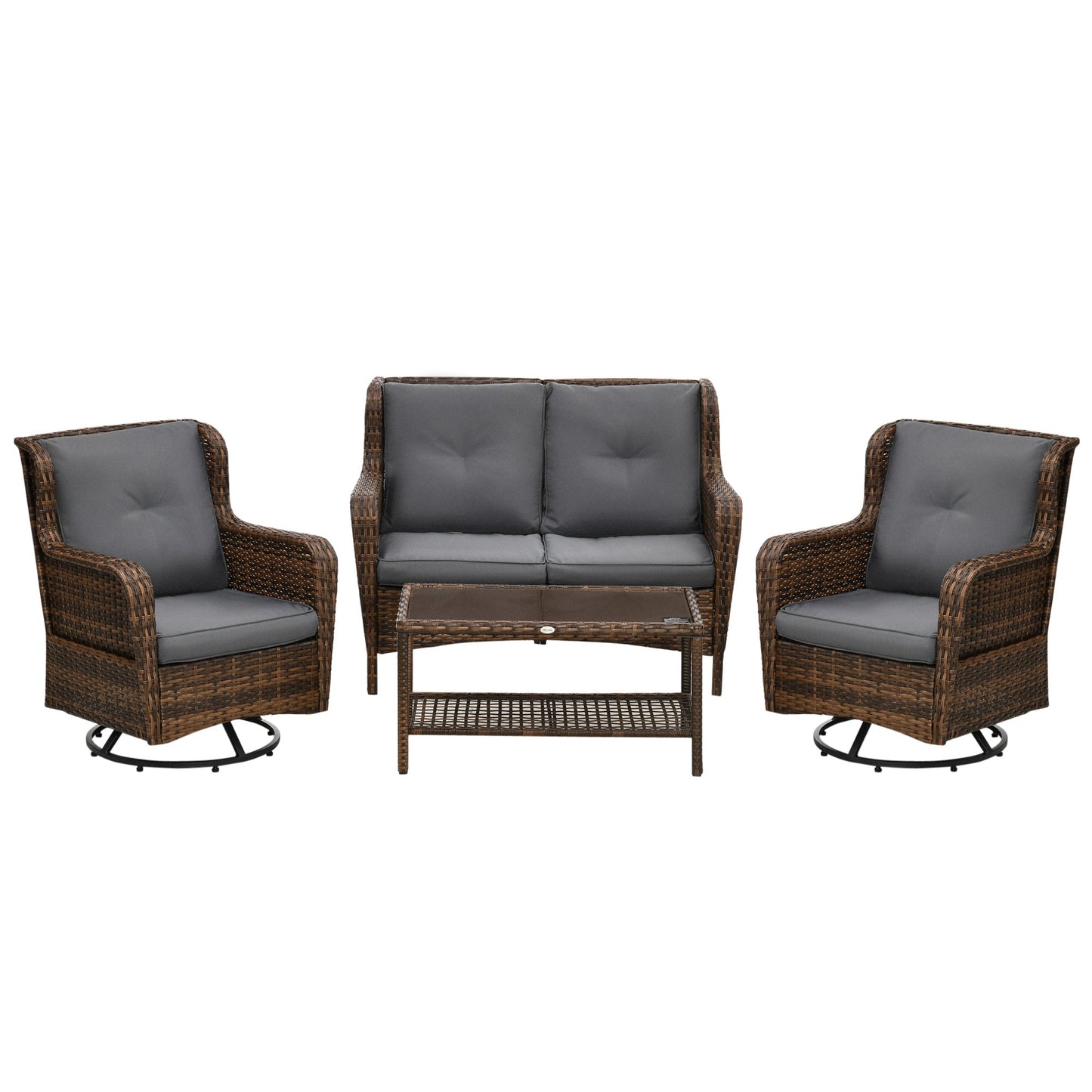Outsunny 4 Piece PE Rattan Patio Furniture Set with 2 Swivel Rockers, 2-Tier Glass Table & Loveseat, Gray - 860-257V00MB