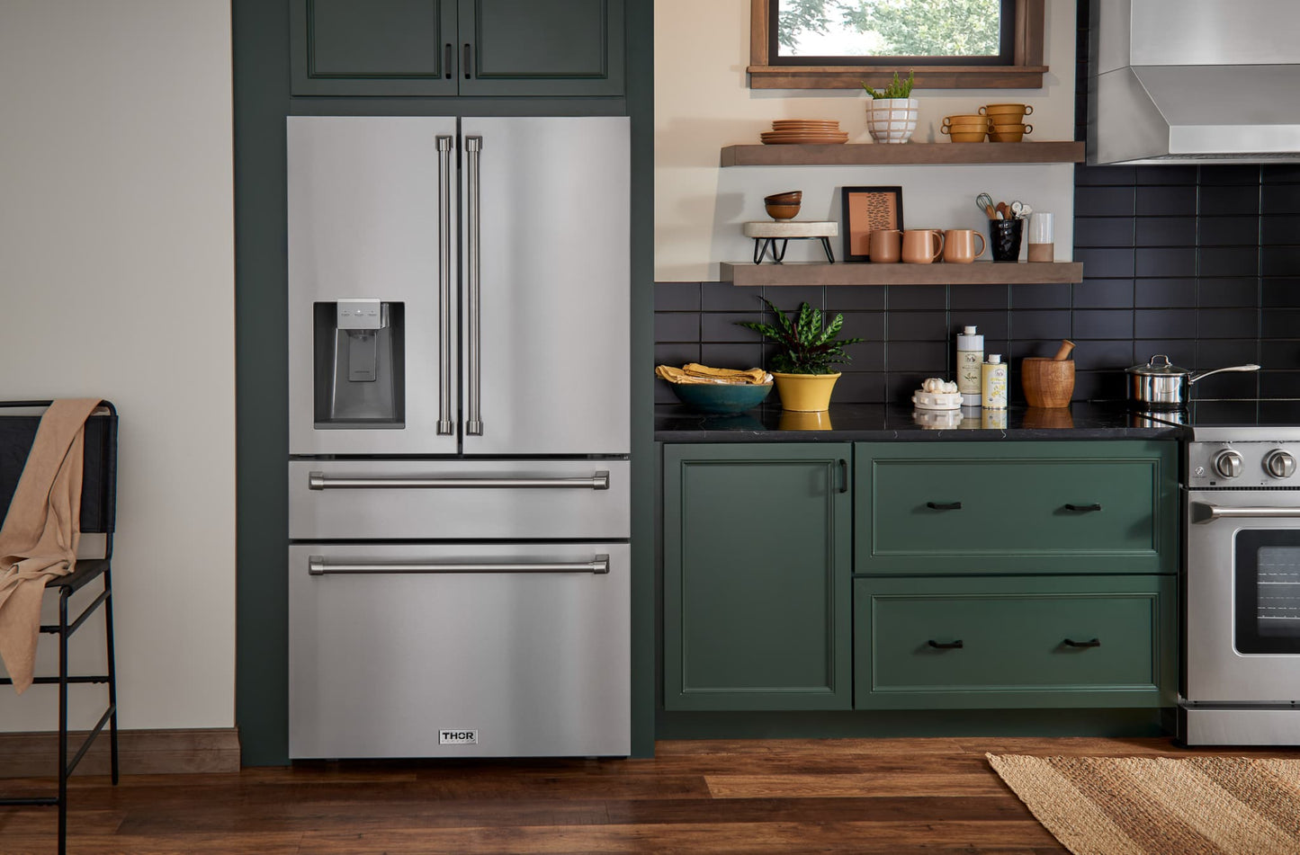 Thor Kitchen 5-Piece Appliance Package - 36-Inch Propane Gas Range, Tilt Panel, Refrigerator with Water Dispenser, Wall Mount Hood, Dishwasher, & Microwave Drawer in Stainless Steel - APW5-TRG36B-LP