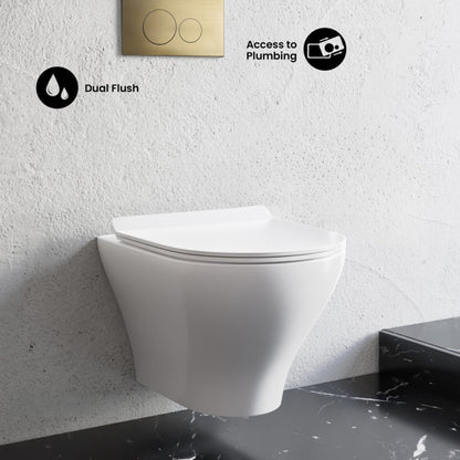 Swiss Madison Monaco Wall-Hung Toilet Bundle 0.8/1.6 GPF Dual Flush in Glossy White with Brass Flush Plate - SM-WT1002GW