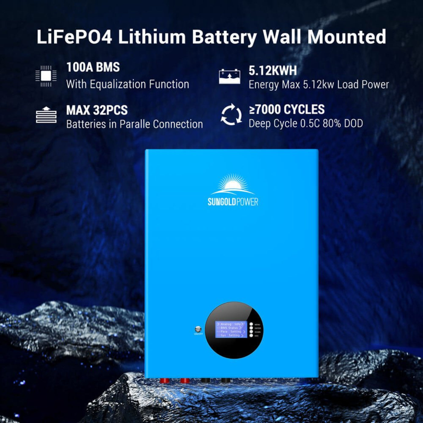 SunGold Power 5.12KWH Powerwall LiFePO4 Lithium Battery UL1973 - SG48100M