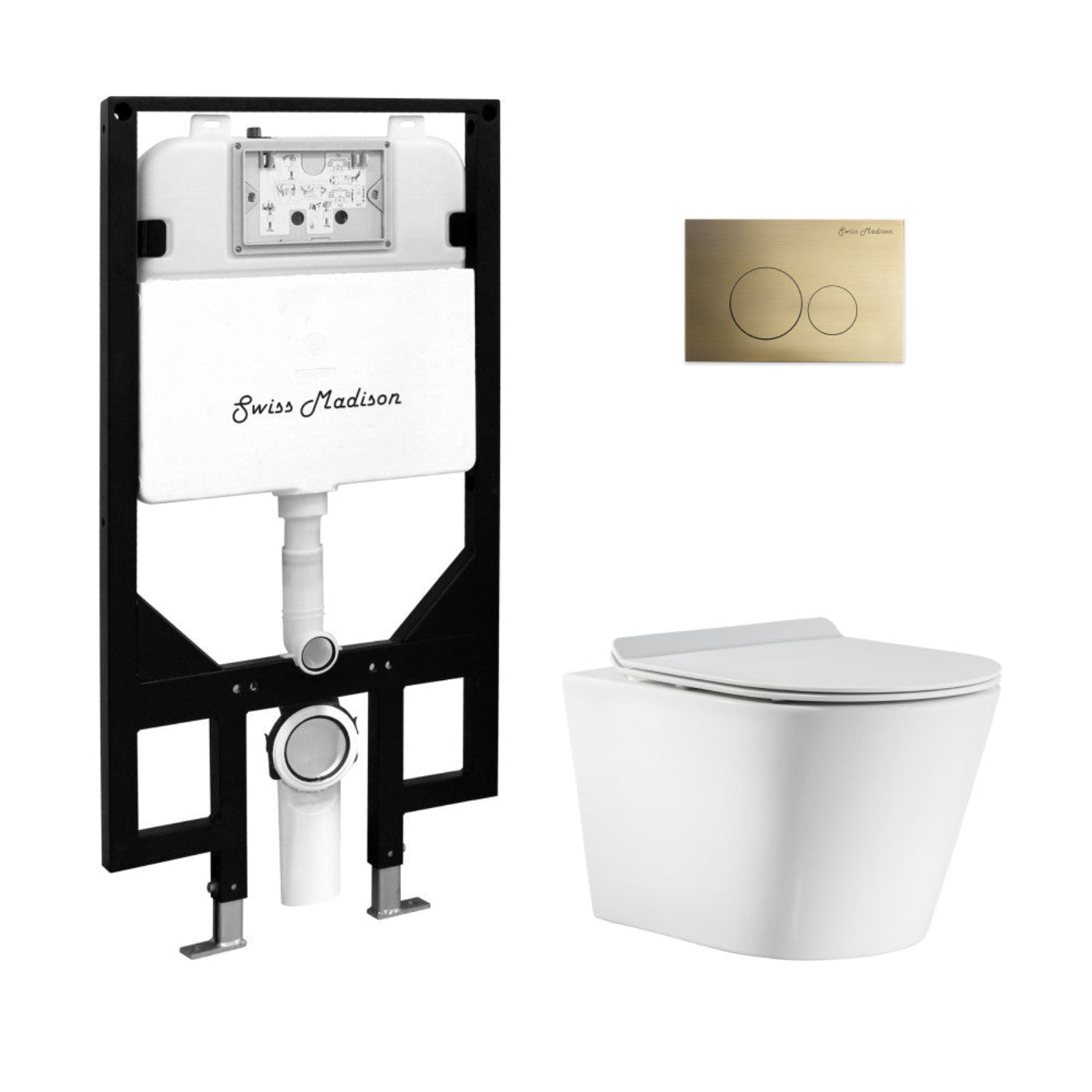 Swiss Madison Calice Wall-Hung Toilet Bundle 0.8/1.6 GPF Dual Flush in Glossy White with Brass Flush Plate - SM-WT2302GW