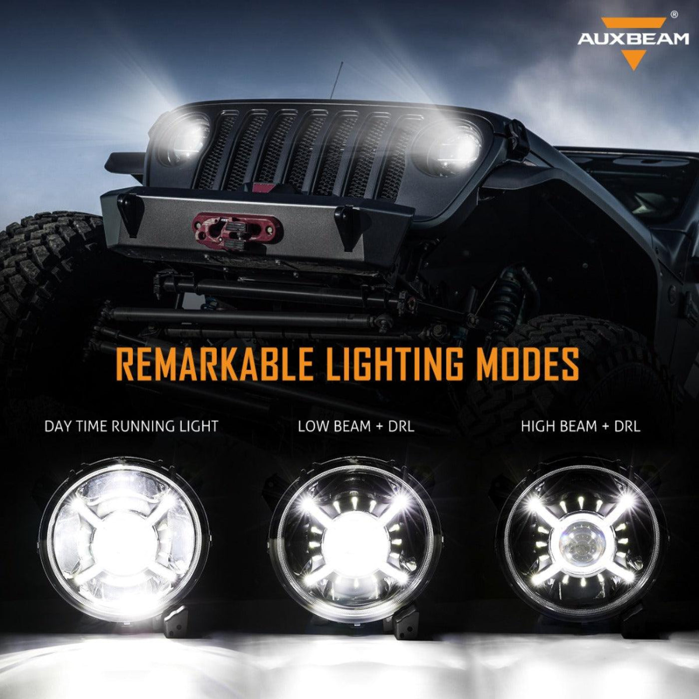 Auxbeam (2pcs/set) 9'' Round  100W LED light with Hi-Lo Beam & DRL for 2018-2022 Jeep Wrangler JL, 2019-2022 Gladiator JT - QP005944