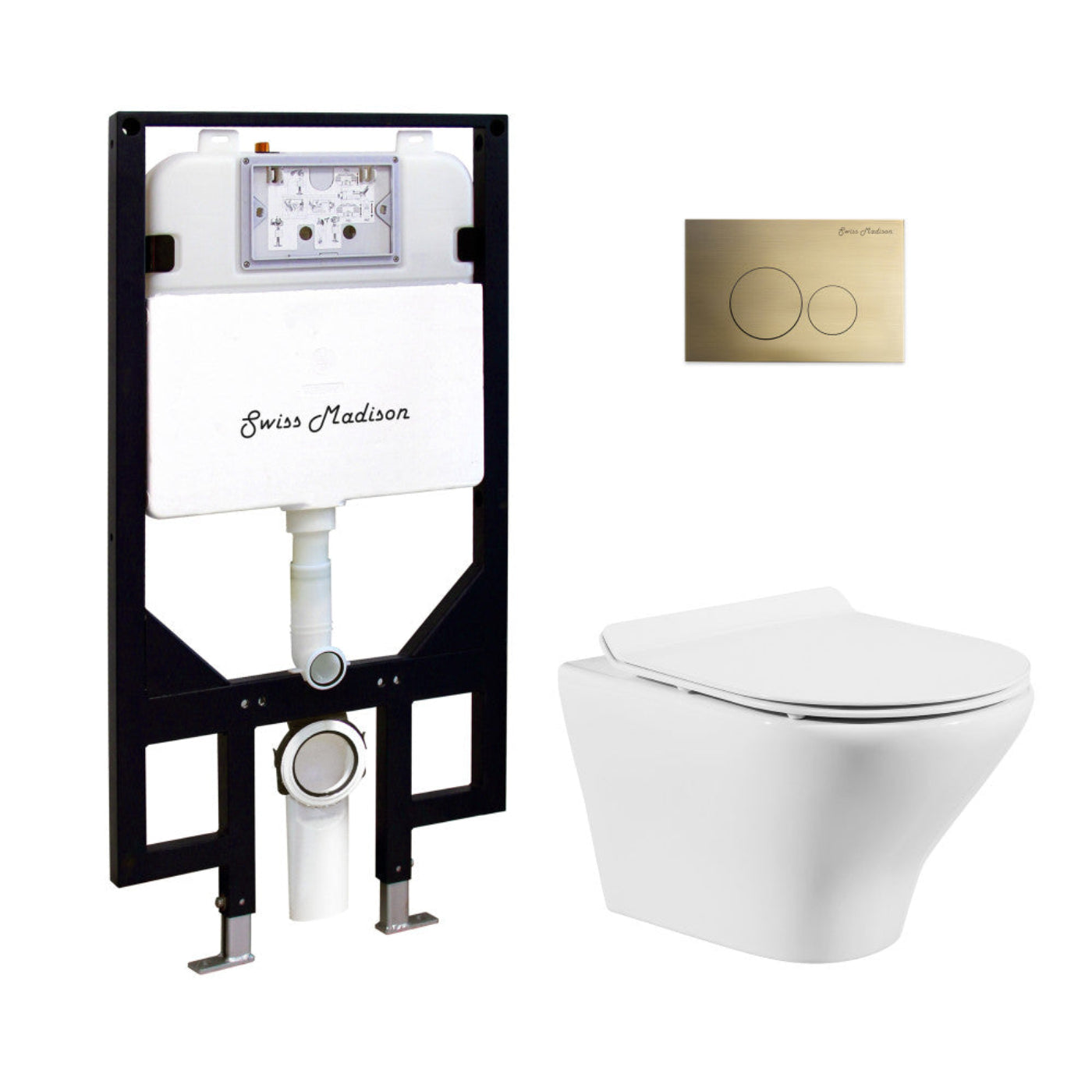 Swiss Madison Monaco Wall-Hung Toilet Bundle 0.8/1.6 GPF Dual Flush in Glossy White with Brass Flush Plate - SM-WT1002GW