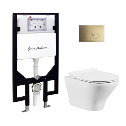 Swiss Madison Monaco Wall-Hung Toilet Bundle 0.8/1.6 GPF Dual Flush in Glossy White with Brass Flush Plate - SM-WT1002GW