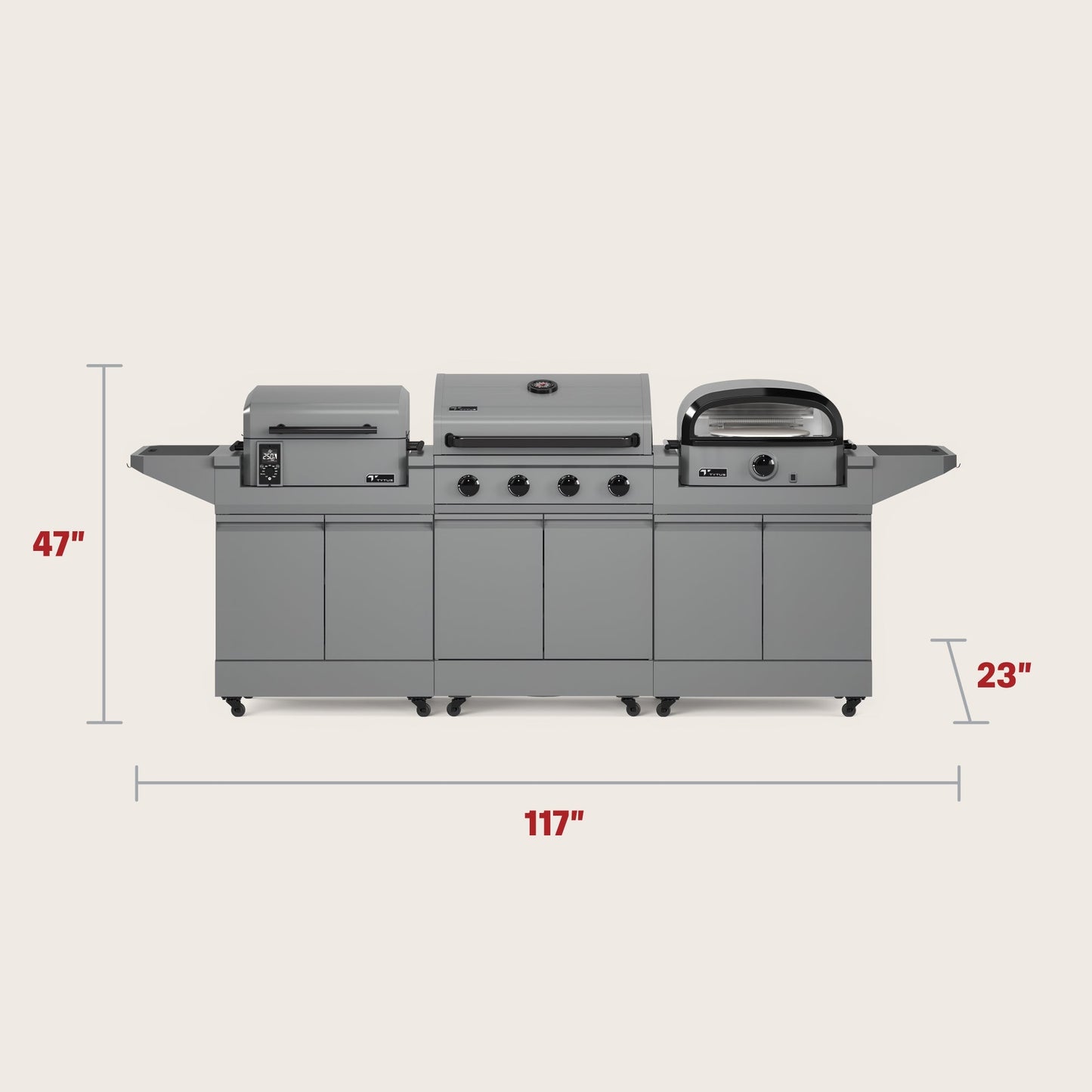TYTUS Modular Grilling Collection 4-Burner Gas Grill, Pellet Smoker with Cart and Pizza Oven with Cart - TDT-BUN-008