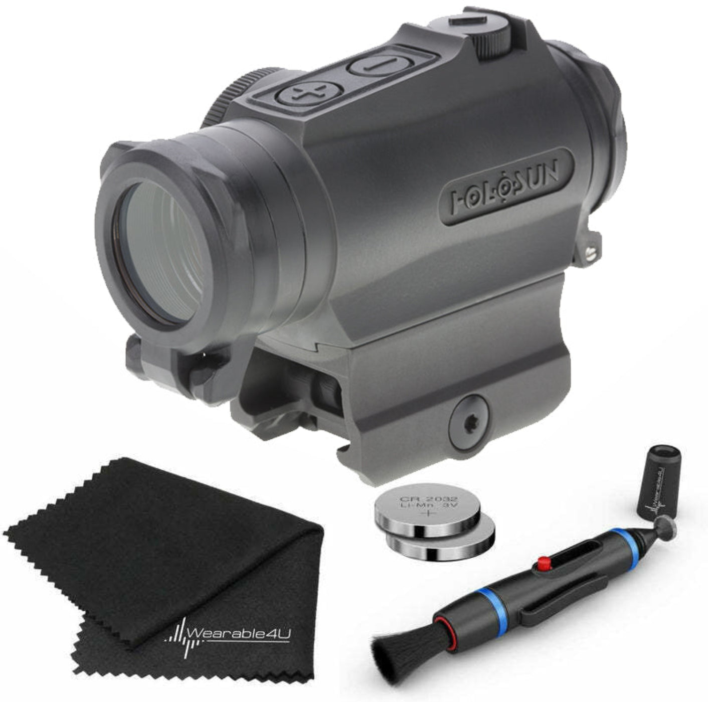 Holosun Titanium Red Dot Sight with Wearable4U Lens Cleaning Pen, Extra Battery and Lens Cleaning Cloth - HE515GT-RD_Towel_W4U-LCP_2032
