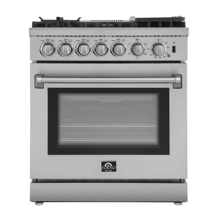 Forno 4-Piece Appliance Package - 30-Inch Dual Fuel Range with Air Fryer, Refrigerator, Wall Mount Hood, & 3-Rack Dishwasher in Stainless Steel - APR4-6196-30-H