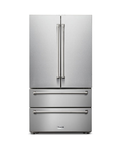 Thor Kitchen 4-Piece Appliance Package - 30-Inch Propane Gas Range, French Door Refrigerator, Wall Mount Hood, and Dishwasher in Stainless Steel - APR4-LRG30B-LP
