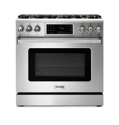 Thor Kitchen 2-Piece Appliance Package - 36-Inch Propane Gas Range, Tilt Panel & Premium Wall Mount Hood in Stainless Steel - AP2-TRG36B-LP